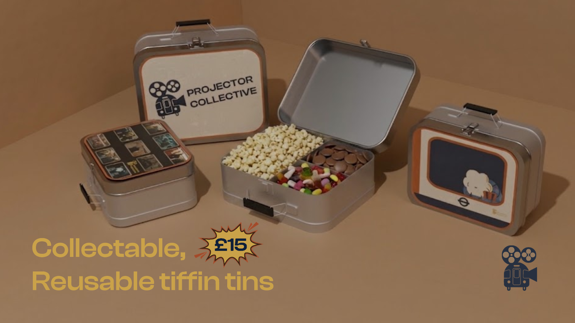 Tiffin tin collection- filled with popcorn, chocs and pic n mix