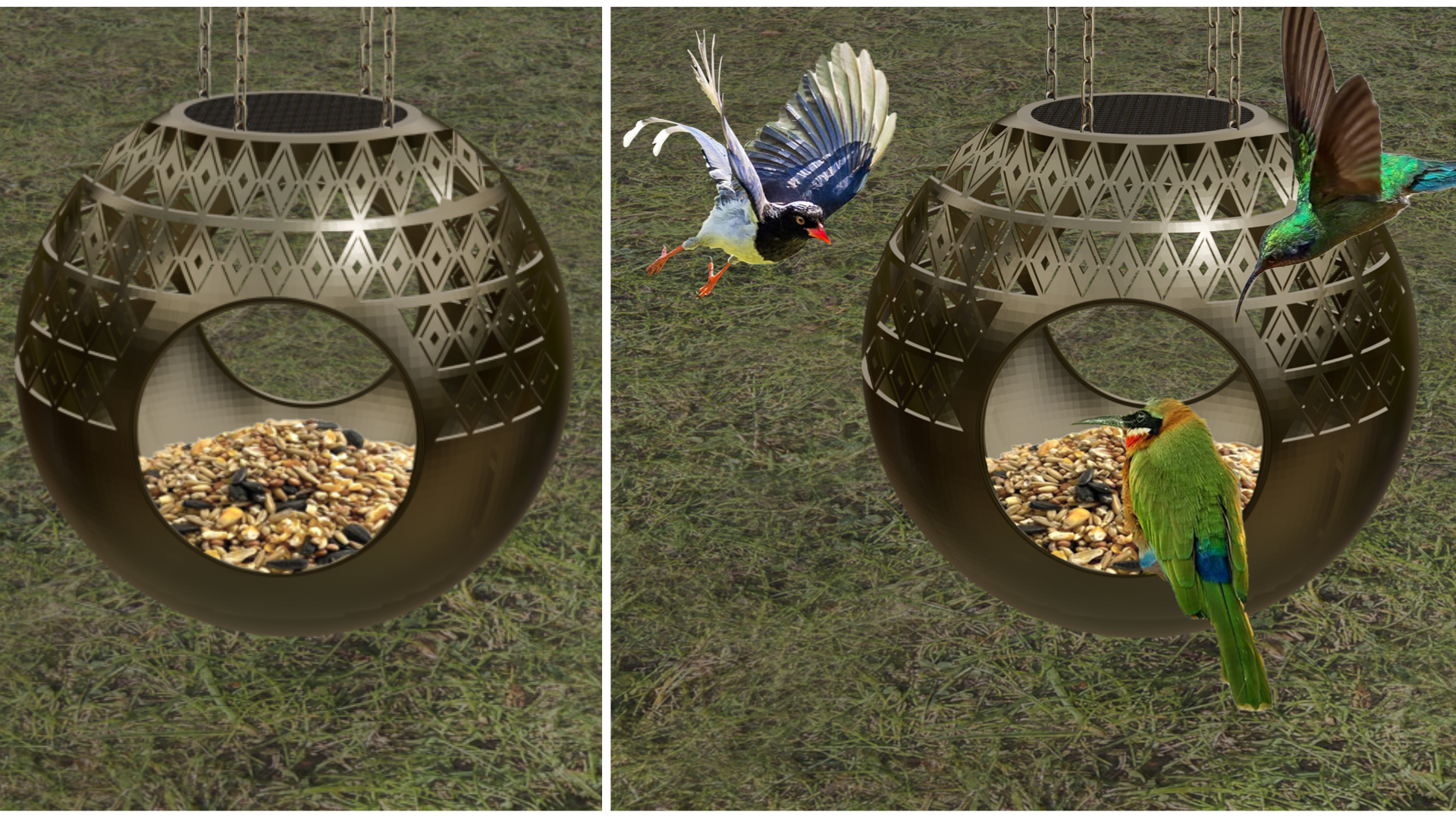 Spherical solar bird feeder CAD render