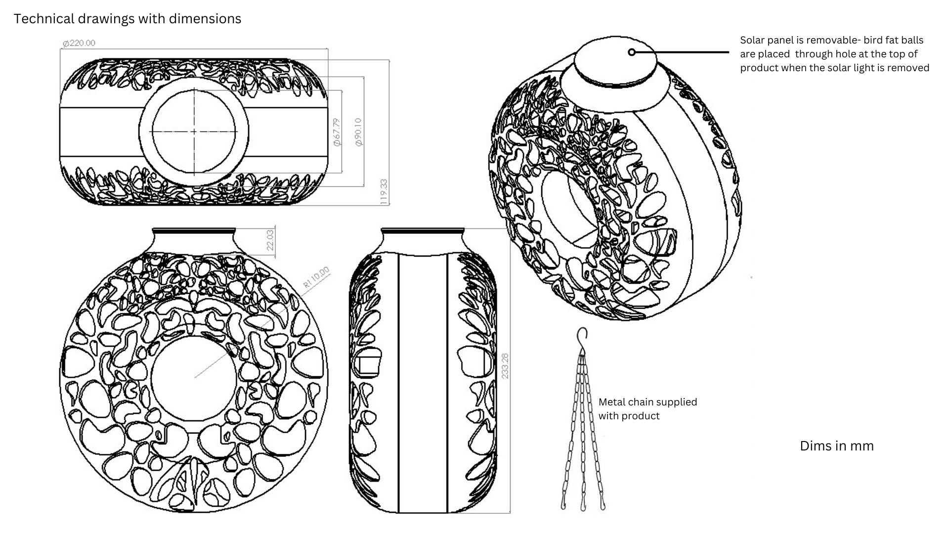 Circular solar bird feeder engineers drawing