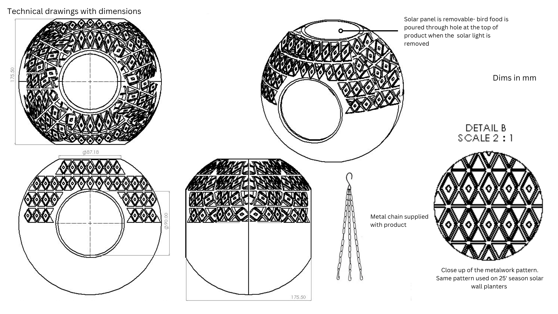 Spherical solar bird feeder engineers drawing