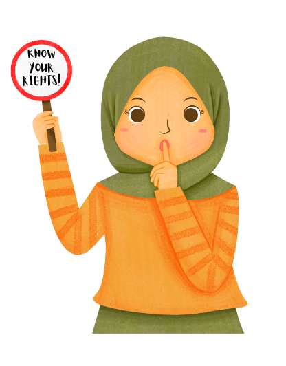 woman wearing a hijab with finger over mouth signaling to stay quite. She is holding a "know your rights" sign.