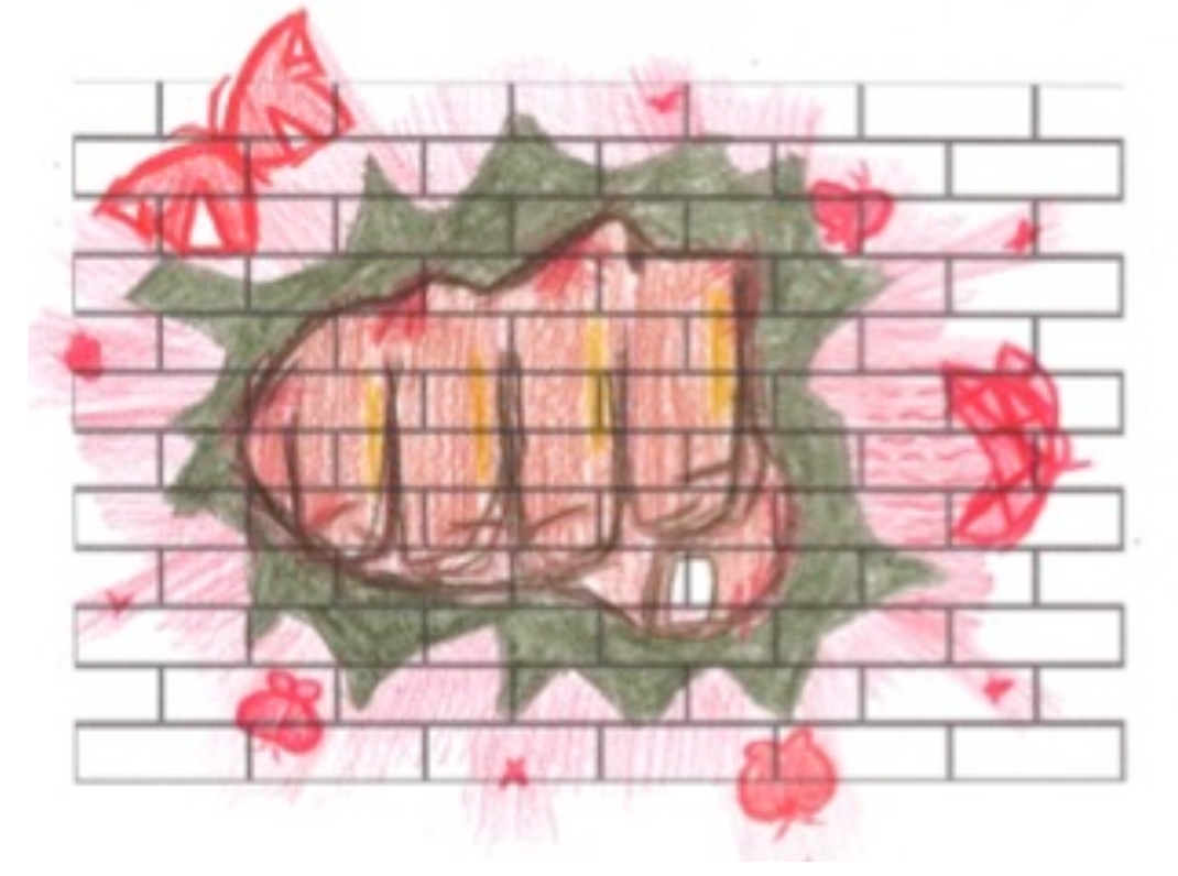 Image of fist smashing through a wall with monarch butterflies flying through
