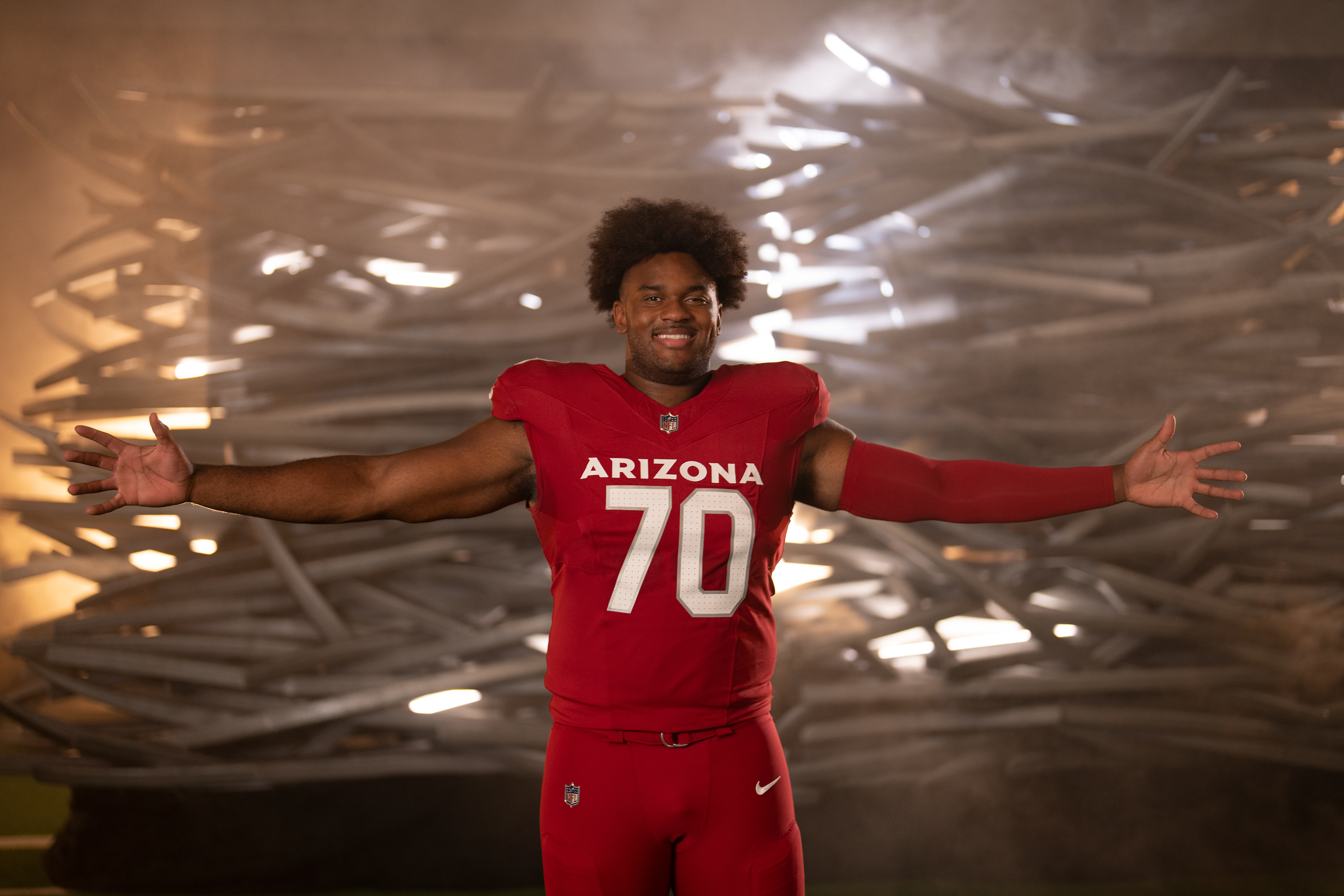 Photo Credit: Pete Vander Stoep | Arizona Cardinals tackle Paris Johnson Jr. (70) during Cardinals Media Day at the Dignity Health Training Facility on Tuesday, July 25, 2023 in Tempe, AZ.