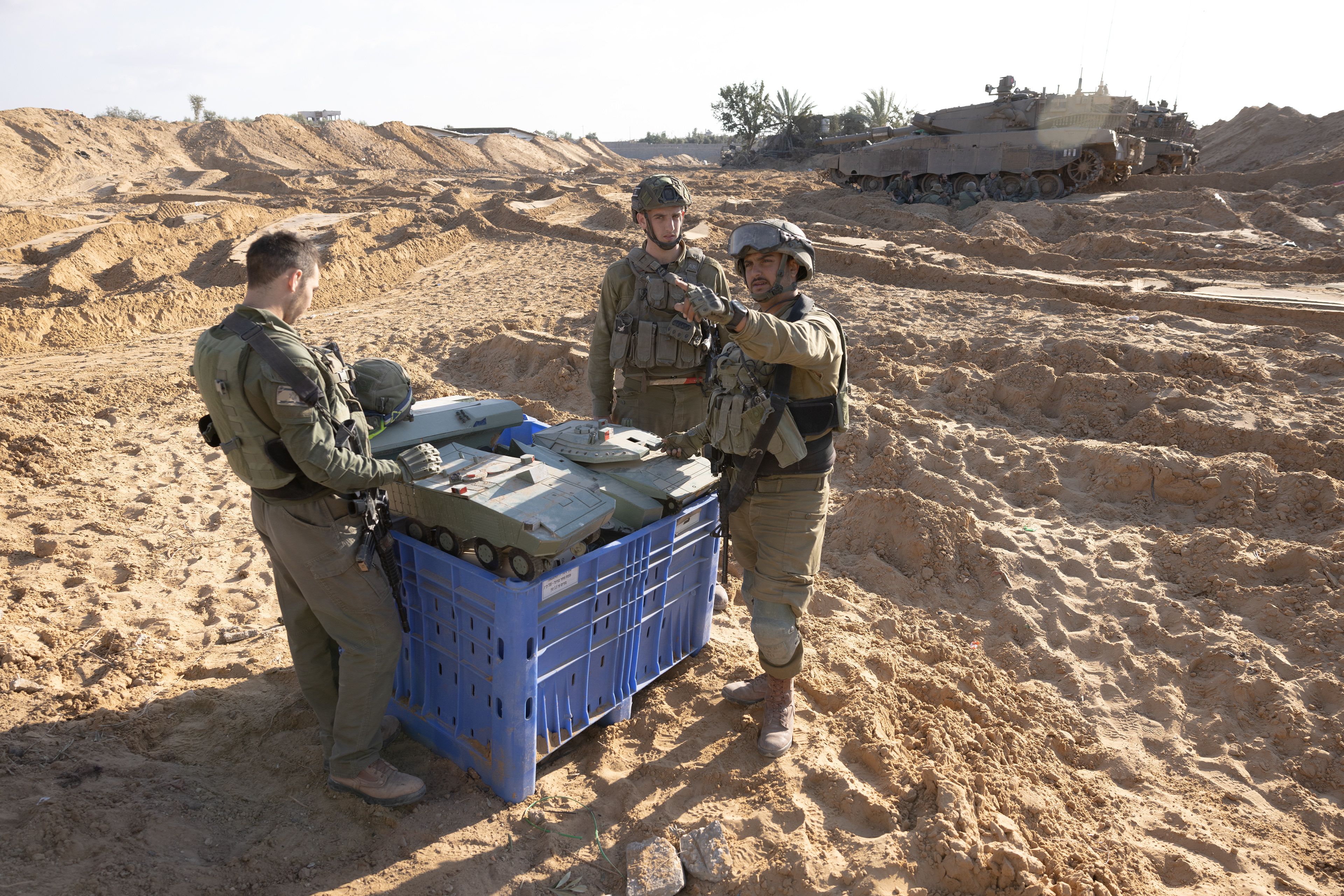 A box full of models of vehicles that Hamas produced
