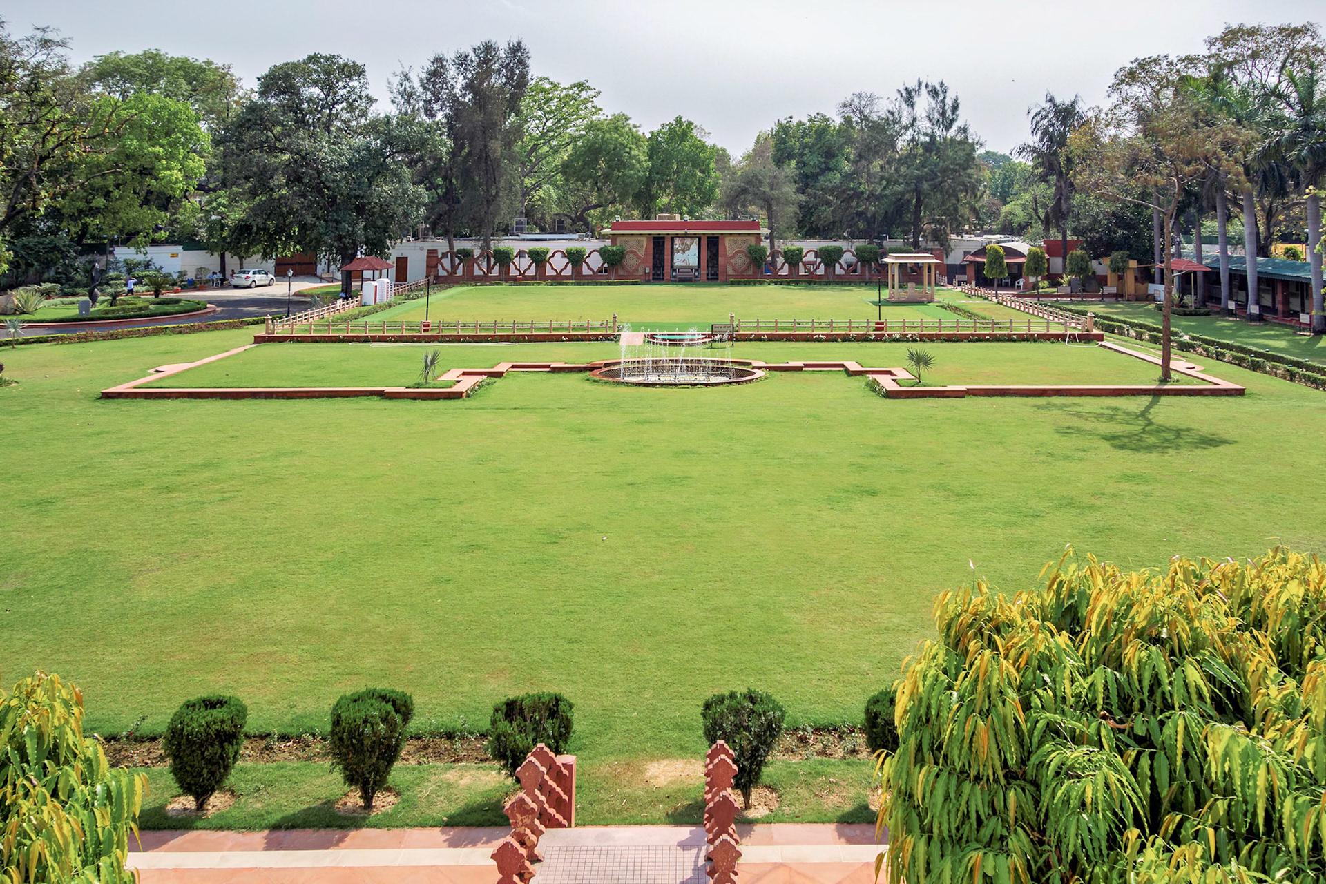 Courtyard , Gandhi Smiriti, , Small gazebo in upper right marks where Gandhi was killed.