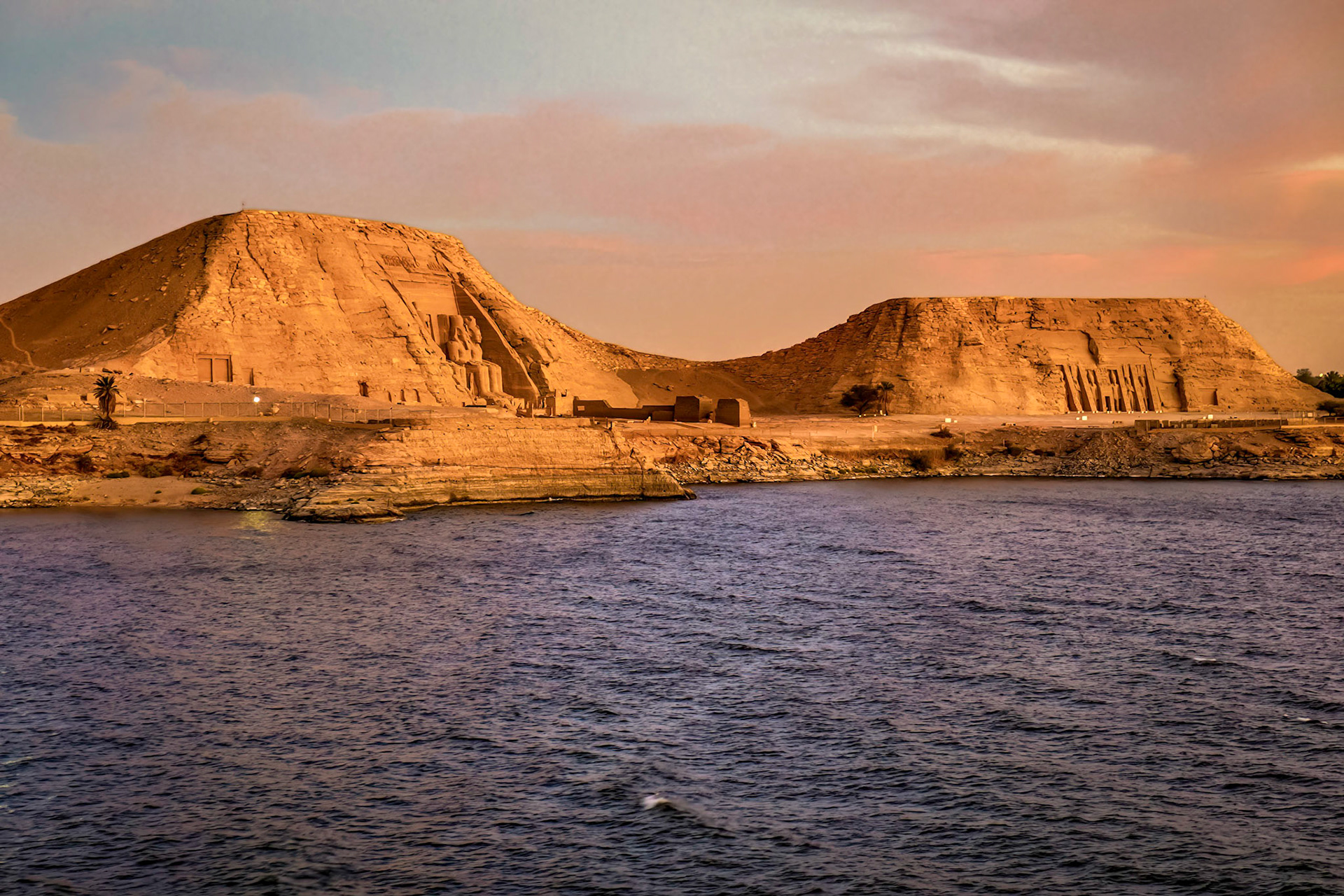 Dawn at Temples of Rameses II and his wife Nefertari from Lake Nassar