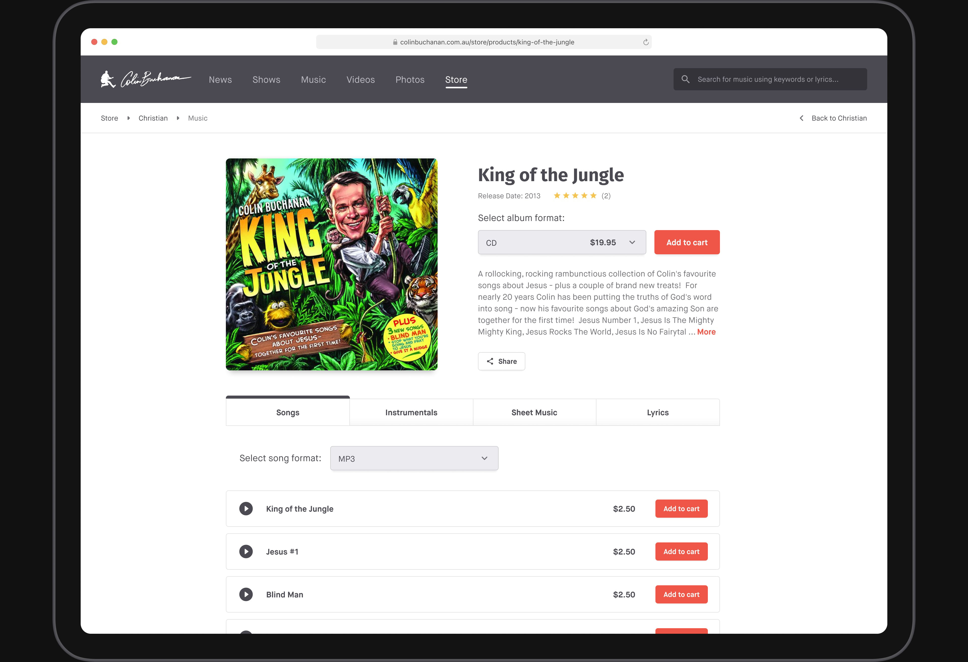 Colin Buchanan website product page in browser mockup.