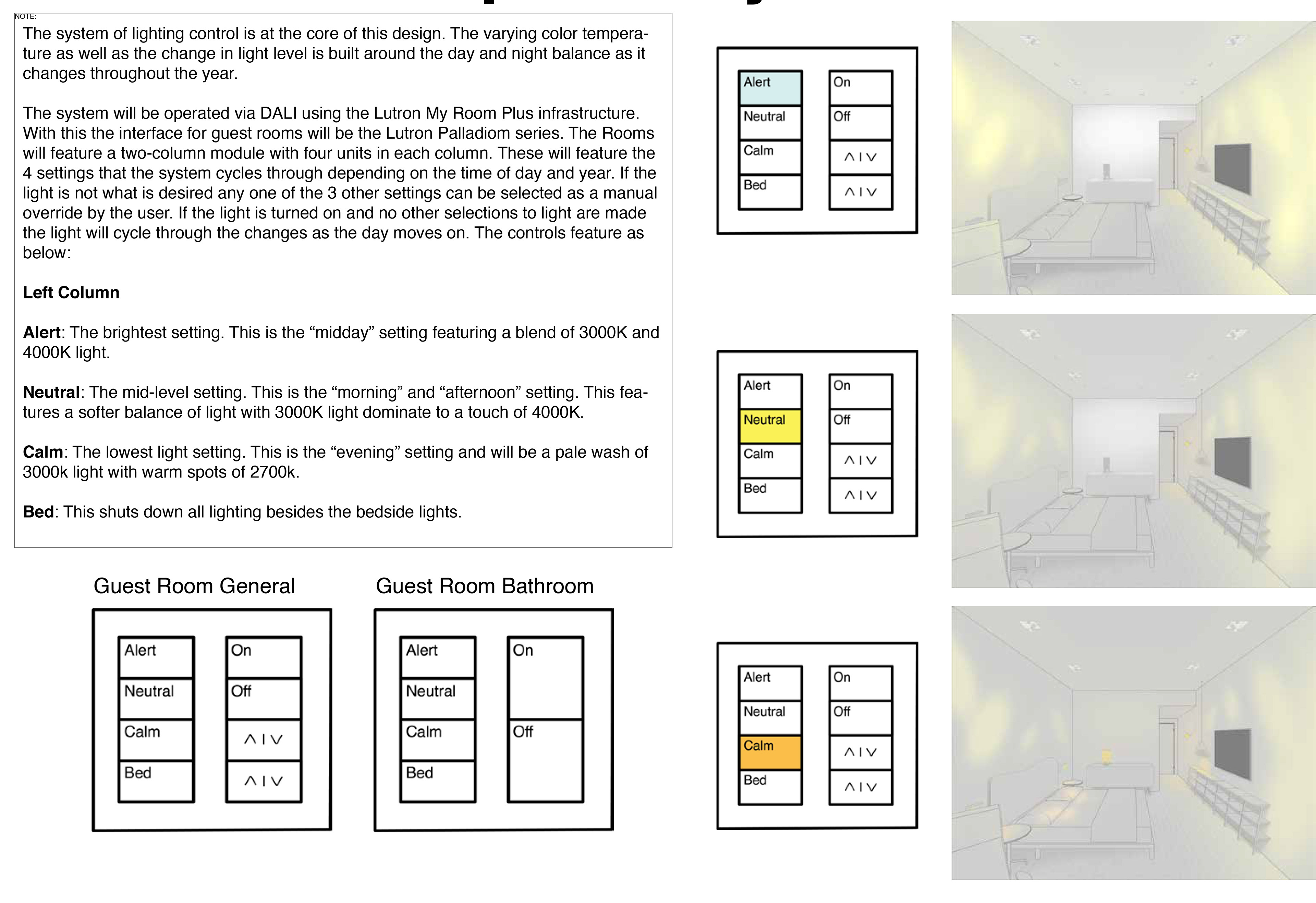 Color temperature automation and override within guest rooms.