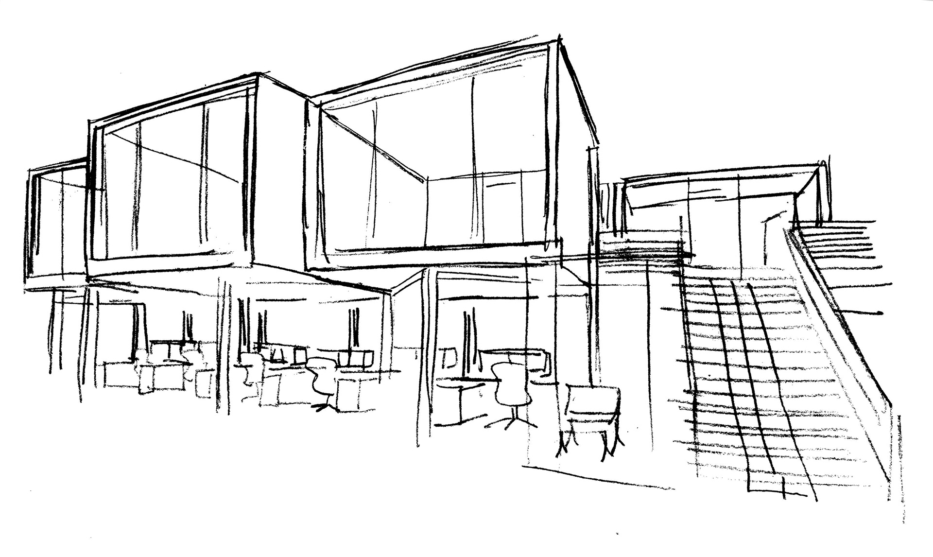 Sketch: View of main stair and cluster of executive offices.