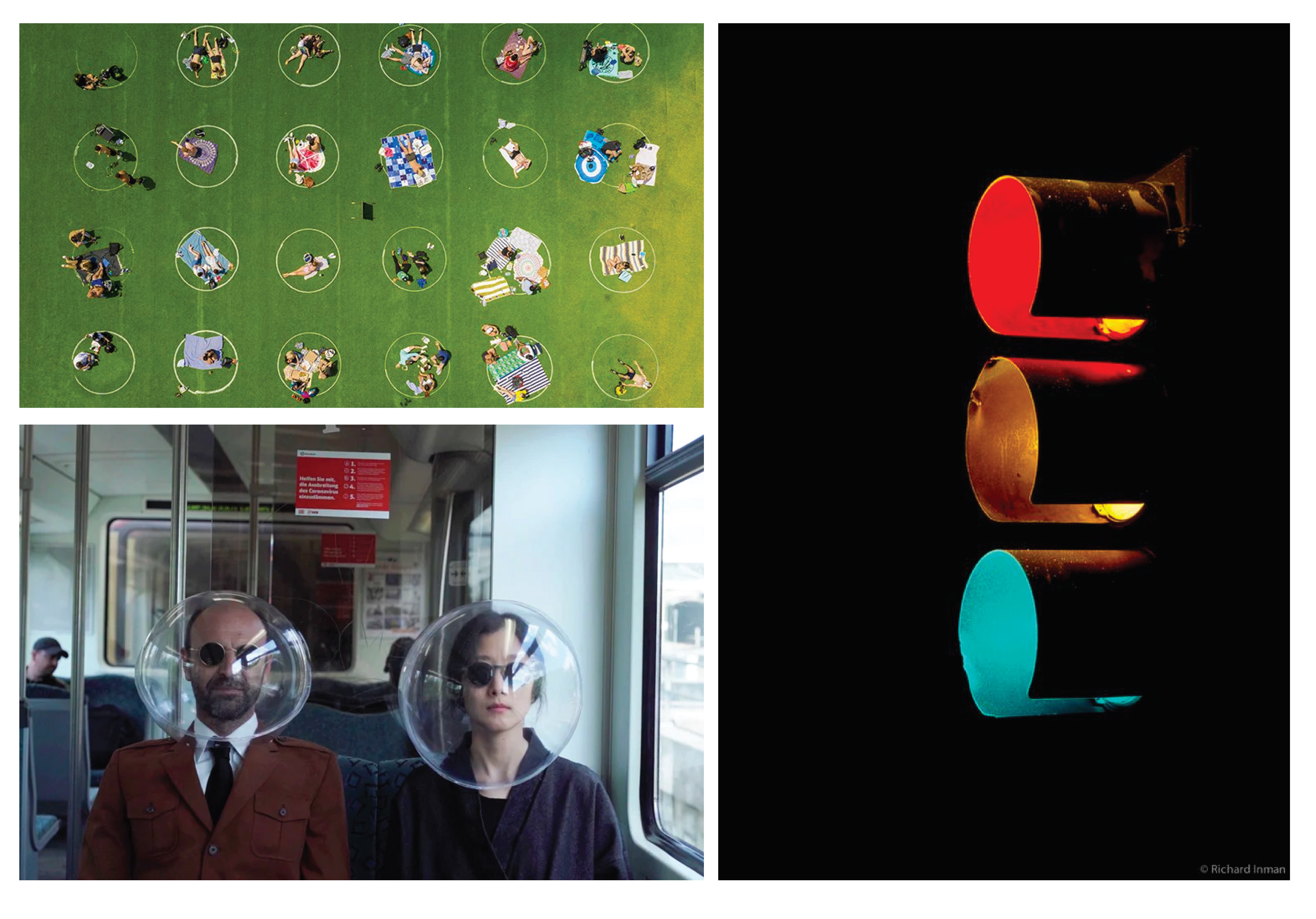 Moodboard: Clockwise from top left. Social distancing at Domino Park New York - Marcella Winograd, Light as a social control mechanism - Richard Inaman, The sense of maninting social distancing in public - Plastique Fantastique
