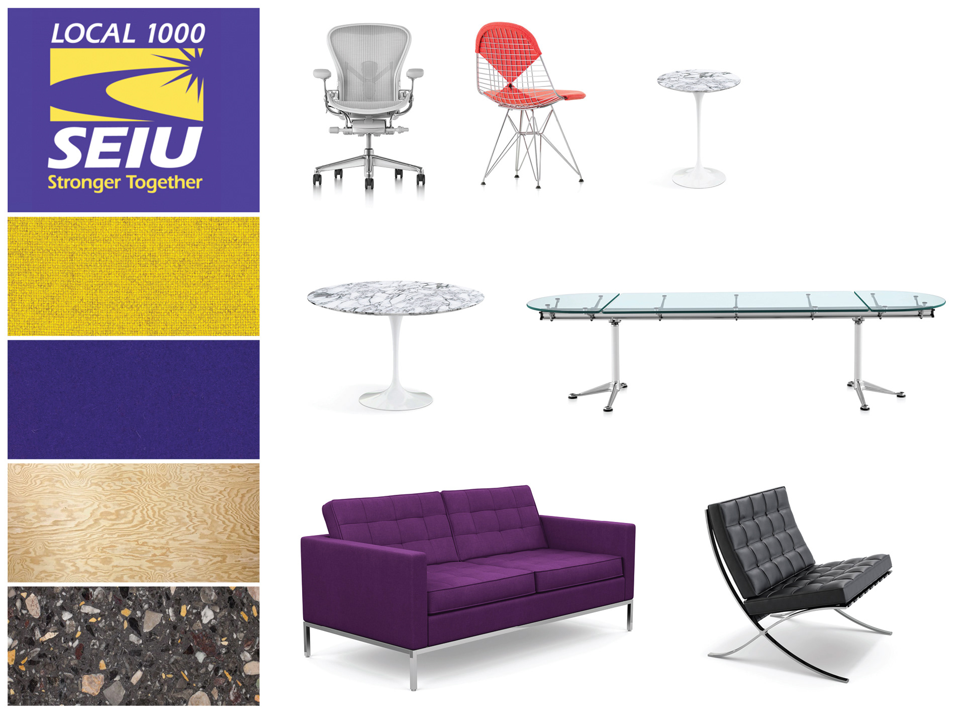 Finish Board: Client Logo – SEIU 1000. Finishes, top to bottom. Accent Upholstery: Kvadrat - Tonica 2 (0443), Main Upholstery: Kvadrat Divina 3 (0686), Office Cubes: Specialized Panel Products - Decorative European Pine Plywood, Flooring: Naturalistone Terrazzo – Belgrano Black. Furniture clockwise from top left. Desk Chair: Herman Miller – Aeron Chair, Side Chair: Vitra – Wire Chair DKR, Side Table: Knoll – Saarinen Side Table Round, Conference Table: Herman Miller – Burdik Group Table, Lounge Chair: Knoll – Barcelona Chair, Sofa: Knoll – Florence Knoll Sette, Group Table: Saarinen Dining Table Round.