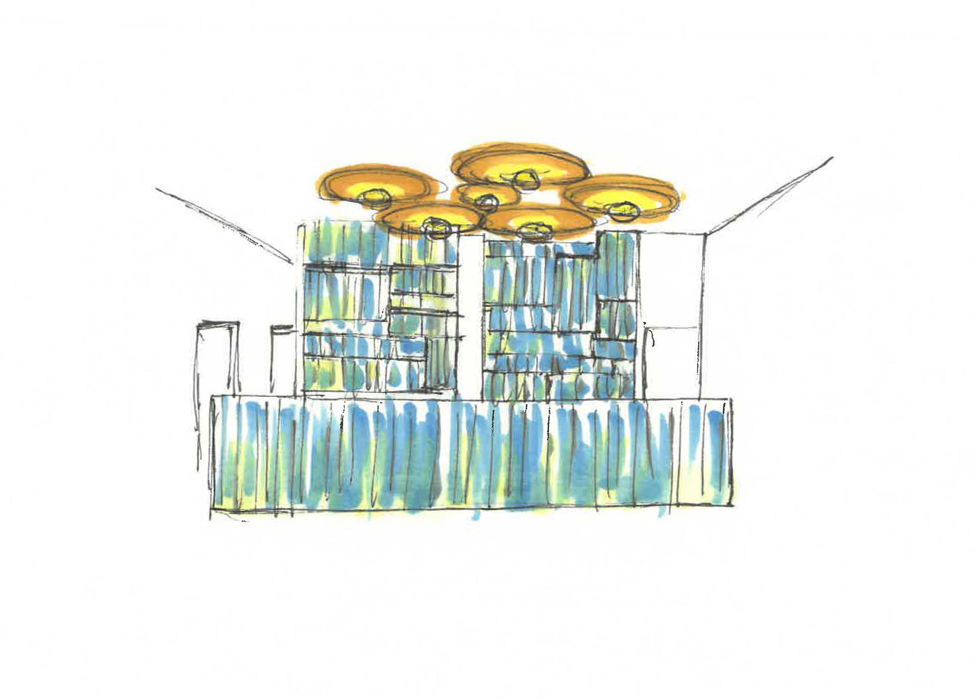 Sketch: Detailing glass features and custom light fixtures at reception.