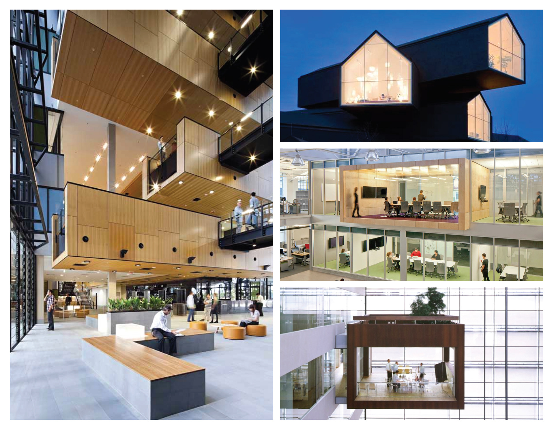 Concept Board: Images surrounding the concept of the office hierarchy. To take advantage of the double height space without creating a second floor the concept of floating rooms connected with a catwalk was developed. Images clockwise from top left. Hassell - Ecosciences Precinct, Herzog & de Meuron - VitraHaus, Studio Sarah Willmer - Atlassian Office, Schmidt Hammer Lassen Architects - NYkredit Bank