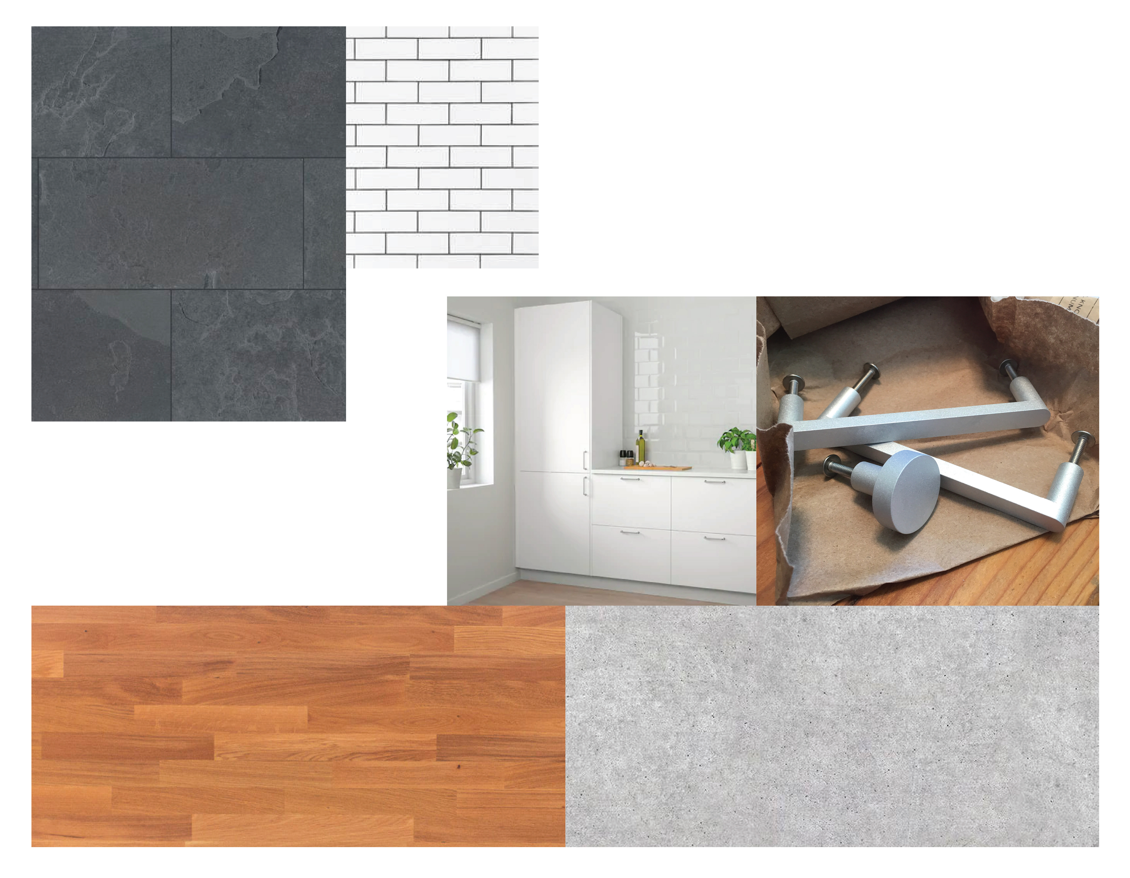 Finishboard: Clockwise from top left. Flooring: Black slate tile, Backsplash/Wall Treatment: White subway tile accented with grey grout, Cabinets: Veddinge by IKEA, Hardware/Pulls: Marcel in Textured Aluminum by Lamborn Studio, Countertop 1: Hand poured concrete, Counter 2: Oak butcher-block slab by IKEA