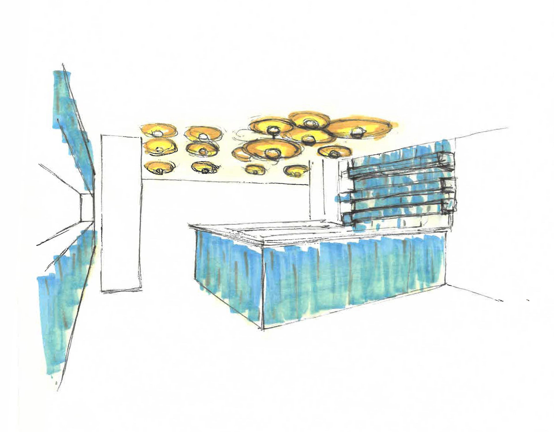 Sketch: Detailing glass feature and custom fixtures at the bar.