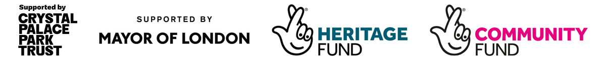 Horizontal image with logos of 4 funders, Crystal Palace Park Trust, Mayor of London, Heritage Fund, Community Fund