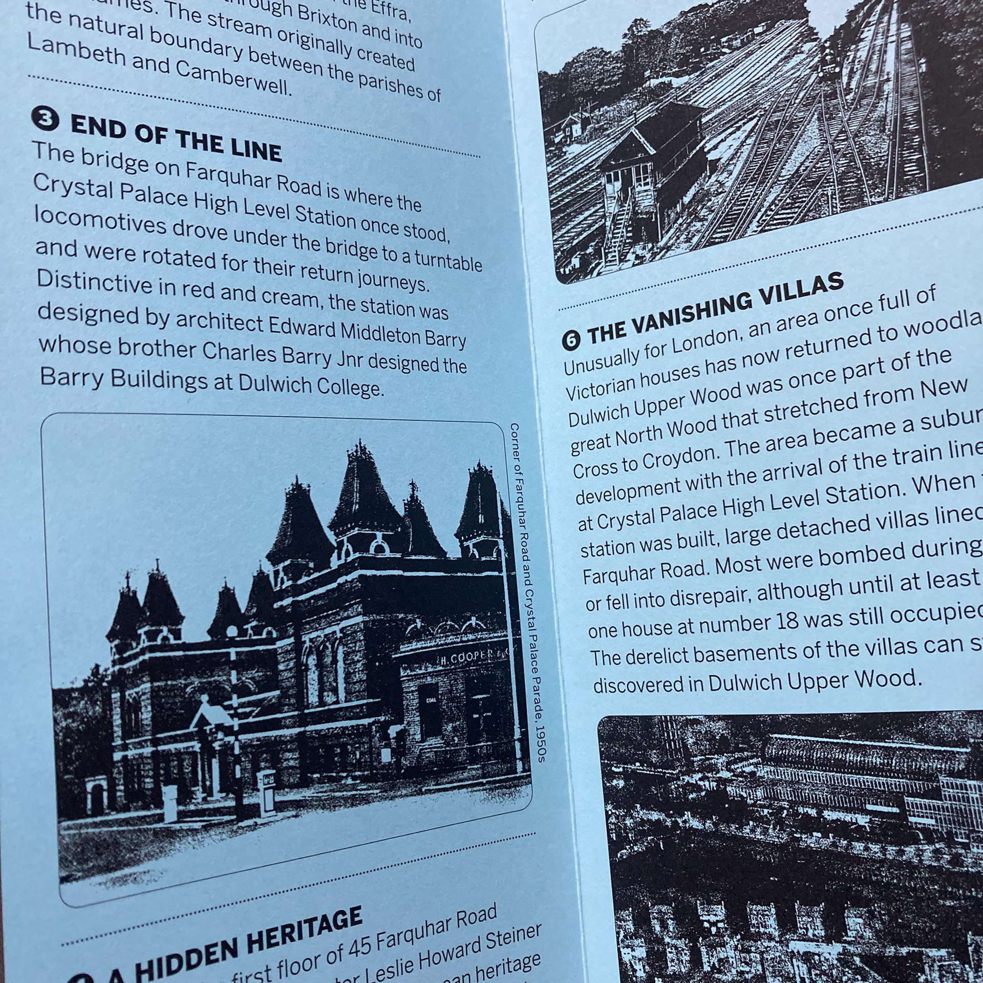 Image showing the inside of one short walk leaflet. Blue paper with monochrome printed images and text