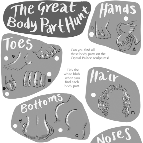 Image in grey and white of the Body Part Hunt scavenger trail