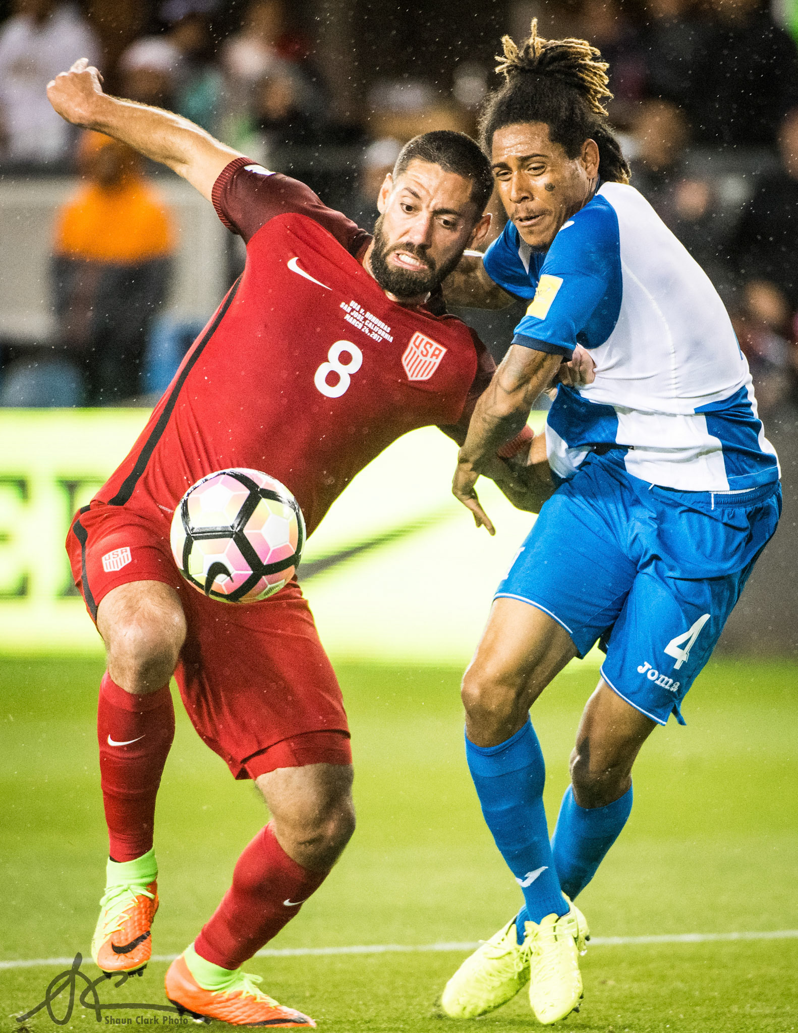 SAN JOSE, CA - MARCH 24:  Clint Dempsey #8 of United States pushes into Henry Figueroa #4 of Honduras and scores his first goal during the World Cup Qualifier match between the United States and Honduras at Avaya Stadium on March 24, 2017 in San Jose, California.  The United States won the match 6-0 (Photo by Shaun Clark/Getty Images) *** Local Caption ***   Clint Dempsey;Henry Figueroa