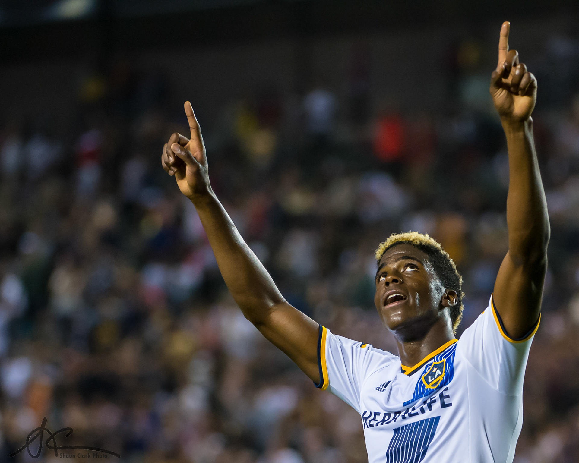 CARSON, CALIFORNIA - June 20:  Gyasi Zardes (11) of Los Angeles Galaxy celebrates a goal during Los Angeles Galaxy's match against the Philadelphia Union at the Stubhub Center on June 20, 2015 in Carson, California.  The Los Angeles Galaxy won the match 5-1. (Photo: Shaun Clark/Getty Images) *** Local Caption *** Gyasi Zardes