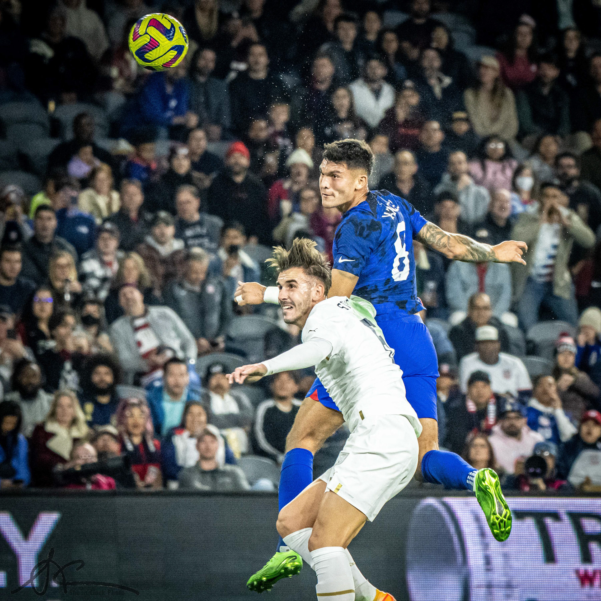 LOS ANGELES, CA - JANUARY 25: Brandon Vazquez #8 of United States of America scores a goal during the international friendly match against Serbia at BMO Stadium in Los Angeles, California on January 25, 2023.  Serbia won the match 2-1 (Photo by Shaun Clark/ISI Photos/Getty Images) *** Local Caption ***  Brandon Vazquez