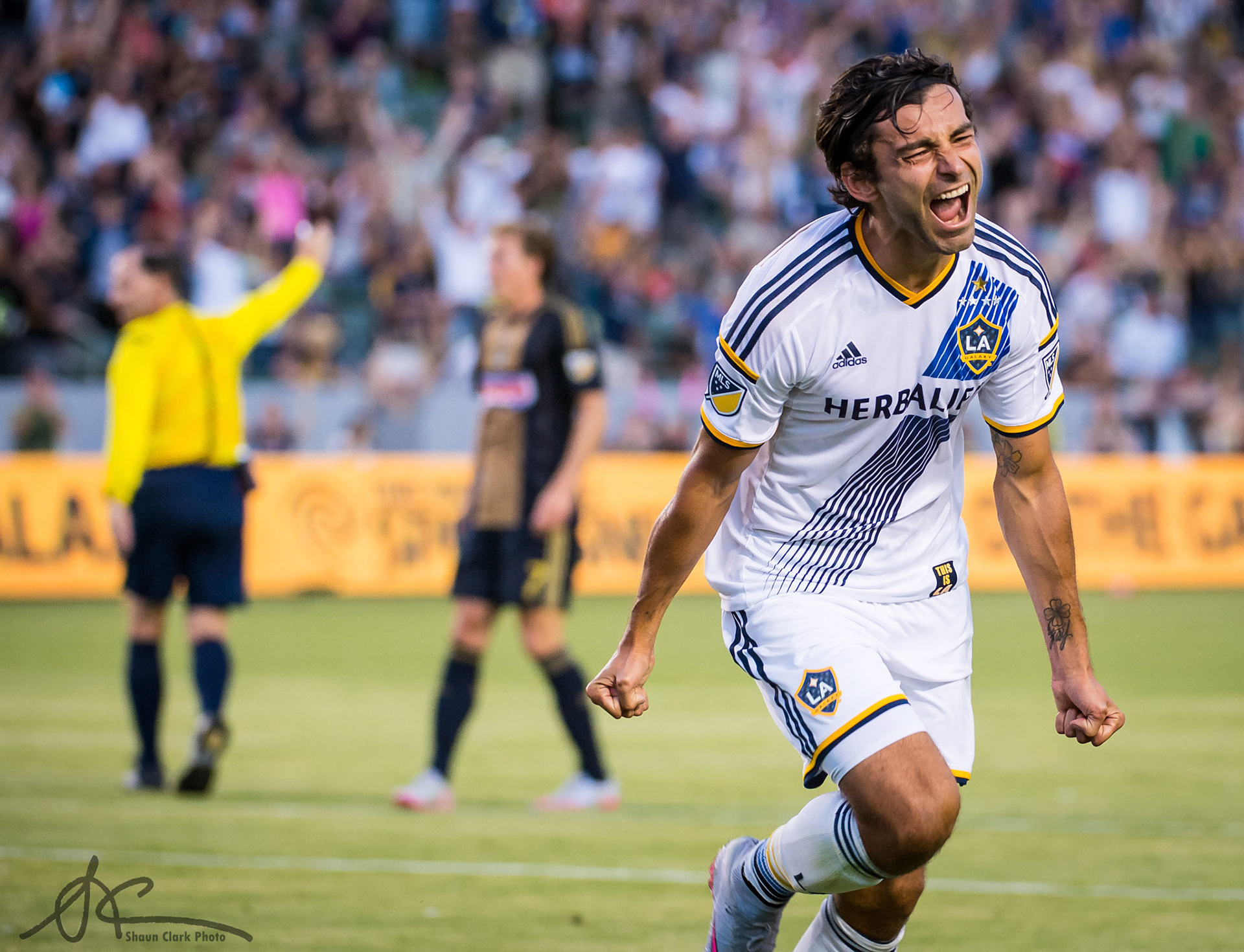 CARSON, CALIFORNIA - June 20:  Baggio Husidic (6) of Los Angeles Galaxy celebrates a goal during Los Angeles Galaxy's match against the Philadelphia Union at the Stubhub Center on June 20, 2015 in Carson, California.  The Los Angeles Galaxy won the match 5-1. (Photo: Shaun Clark/Getty Images) *** Local Caption *** Baggio Husidic