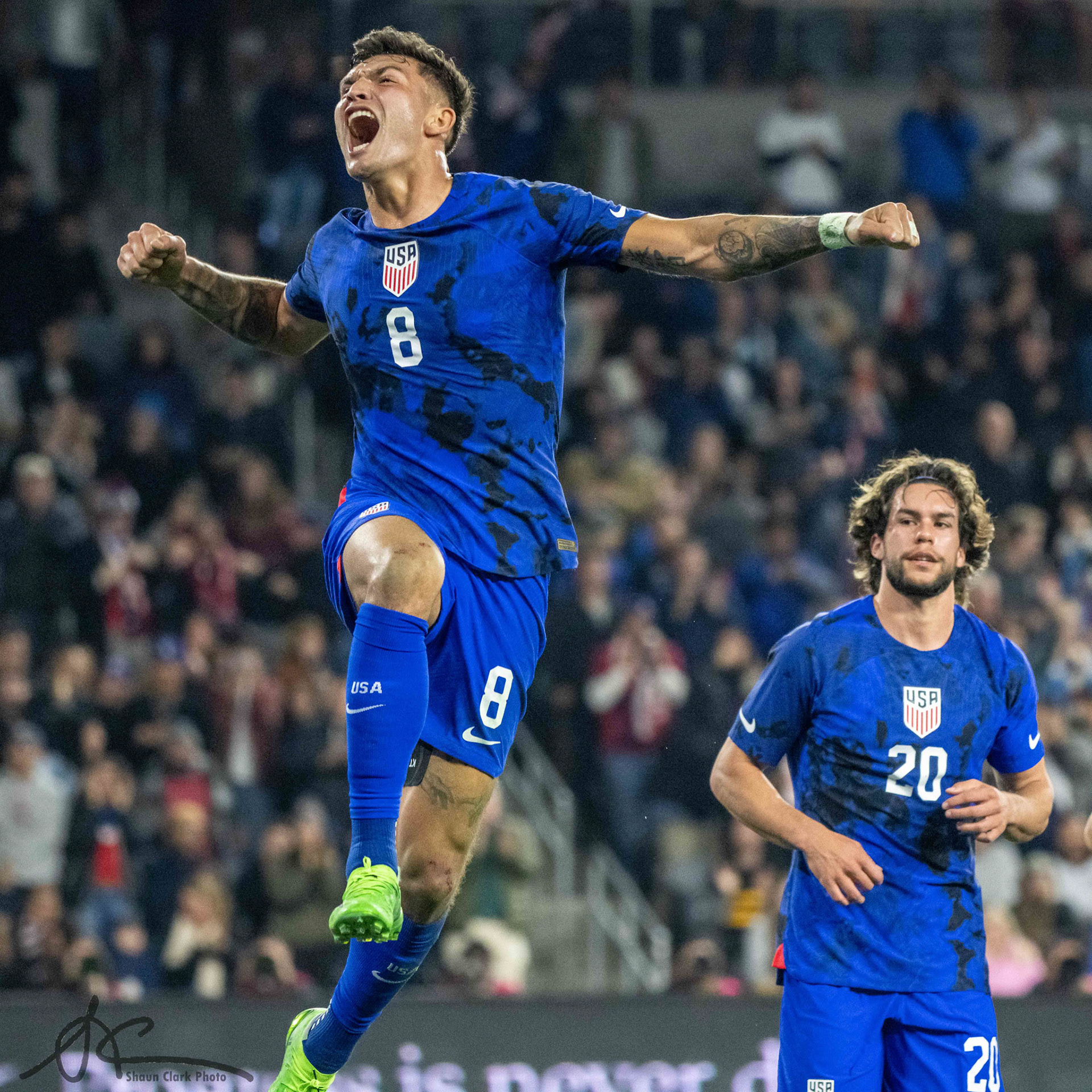 LOS ANGELES, CA - JANUARY 25: Brandon Vazquez #8 of United States of America celebrates his goal during the international friendly match against Serbia at BMO Stadium in Los Angeles, California on January 25, 2023.  Serbia won the match 2-1 (Photo by Shaun Clark/ISI Photos/Getty Images) *** Local Caption *** Brandon Vazquez