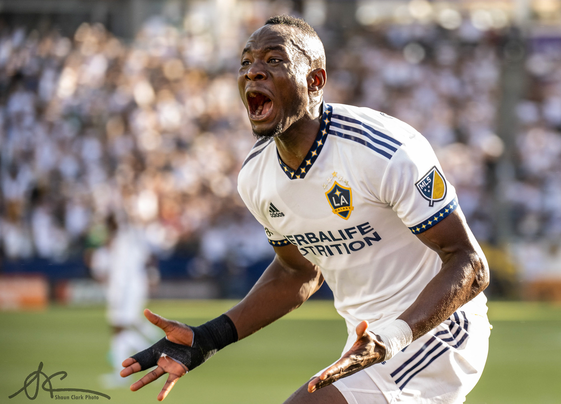 CARSON, CA - APRIL 9: Séga Coulibaly #4 of Los Angeles Galaxy celebrates his goal during the match against Los Angeles FC at the Dignity Health Sports Park on April 9, 2022 in Carson, California.  Los Angeles Galaxy won the match 2-1  (Photo by Shaun Clark/Getty Images) *** Local Caption *** Séga Coulibaly