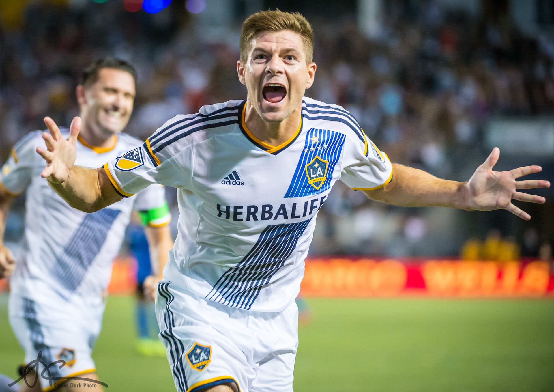 CARSON, CA - JULY 17: Steven Gerrard #8 of Los Angeles Galaxy celebrates his firs goal for the Los Angels Galaxy during Los Angeles Galaxy's MLS match against San Jose Earthquakes at the StubHub Center on July 17, 2015 in Carson, California.  The LA Galaxy won the match 5-2  (Photo by Shaun Clark/Getty Images) *** Local Caption *** Steven Gerrard