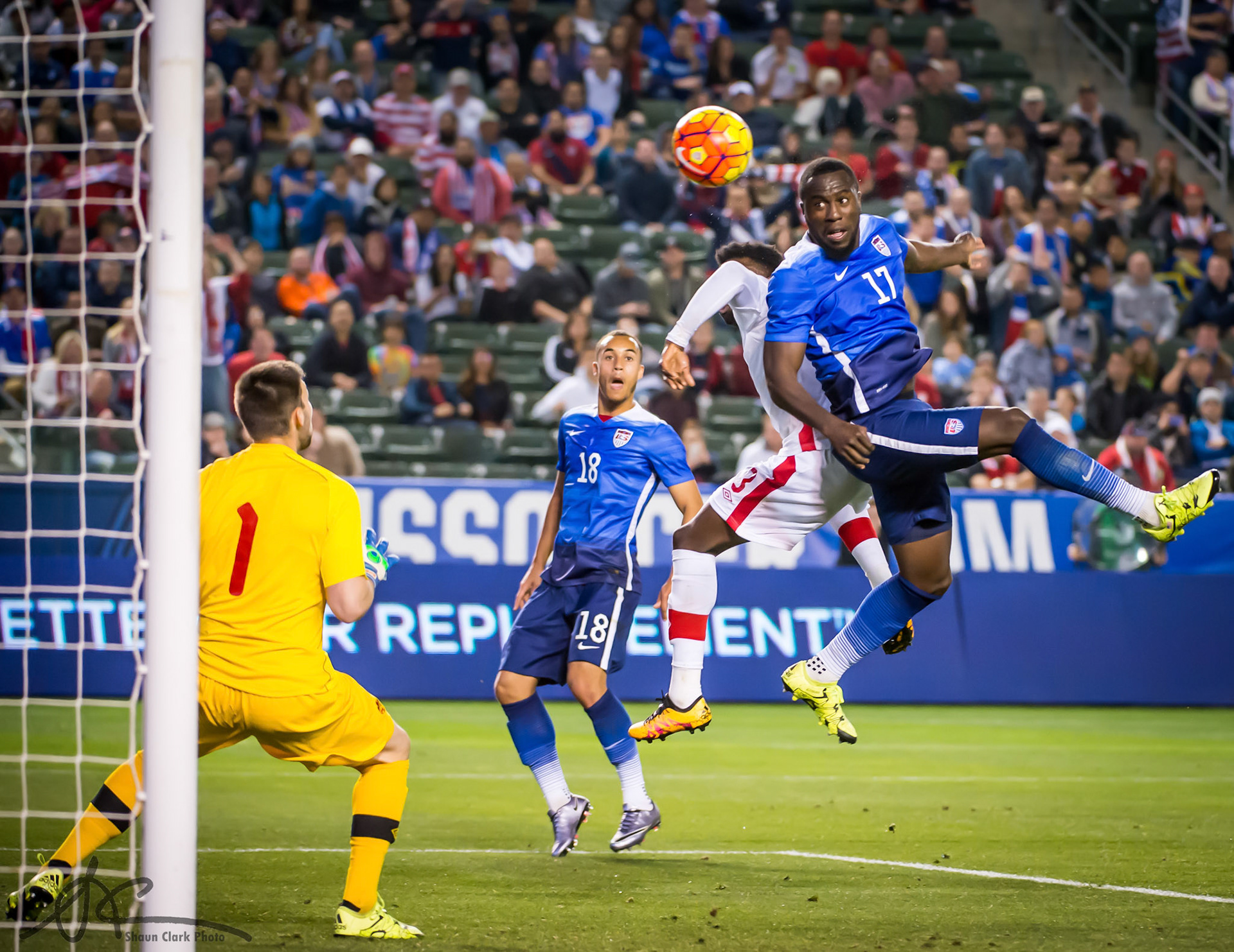 CARSON, CA - FEBRUARY 5: Jozy Altidore #17 of the United States heads home the game winner during the International Soccer Friendly match between the United States and Canada at the StubHub Center on February 5, 2016 in Carson, California.  The United States won the match    (Photo by Shaun Clark/Getty Images) *** Local Caption *** Jozy Altidore