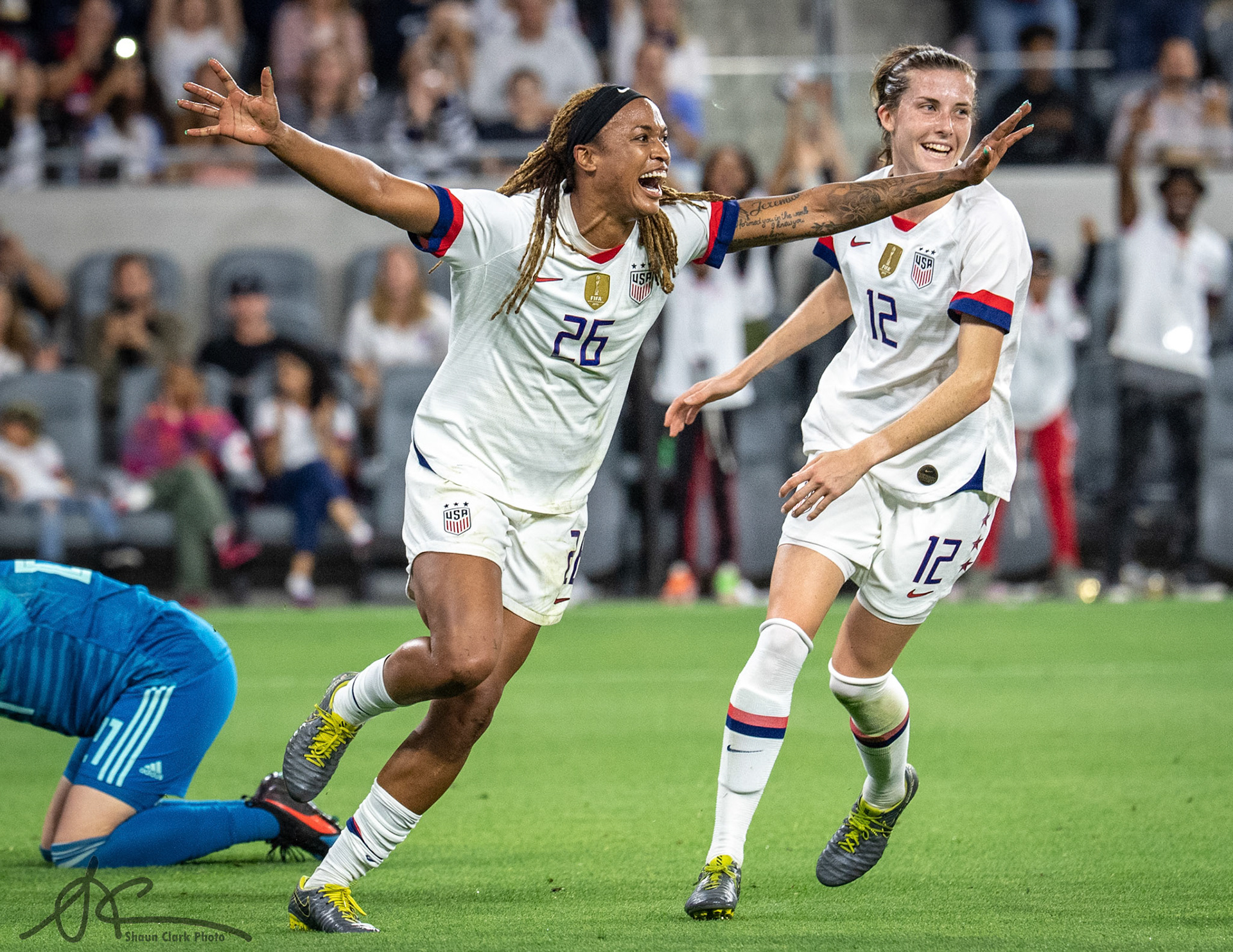 LOS ANGELES, CA - APRIL 7:  Jessica McDonald #26 of United States celebrates her goal during the United States international friendly match against Belgium at Banc of California Stadium on April 7, 2019 in Los Angeles, California.  The United States won the match 6-0  (Photo by Shaun Clark/Getty Images) *** Local Caption ***   Jessica McDonald