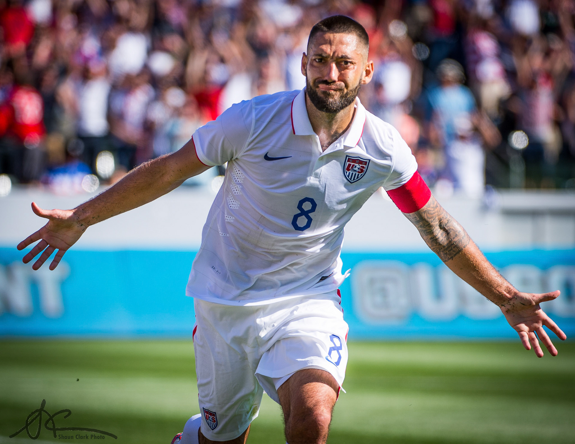 (Carson, CA - February 8, 2015)  United States' Clint Dempsey (#8)  celebrates his goal in the United States 2-0 victory over Panama in a friendly at the StubHub Center (Photo: Shaun Clark).