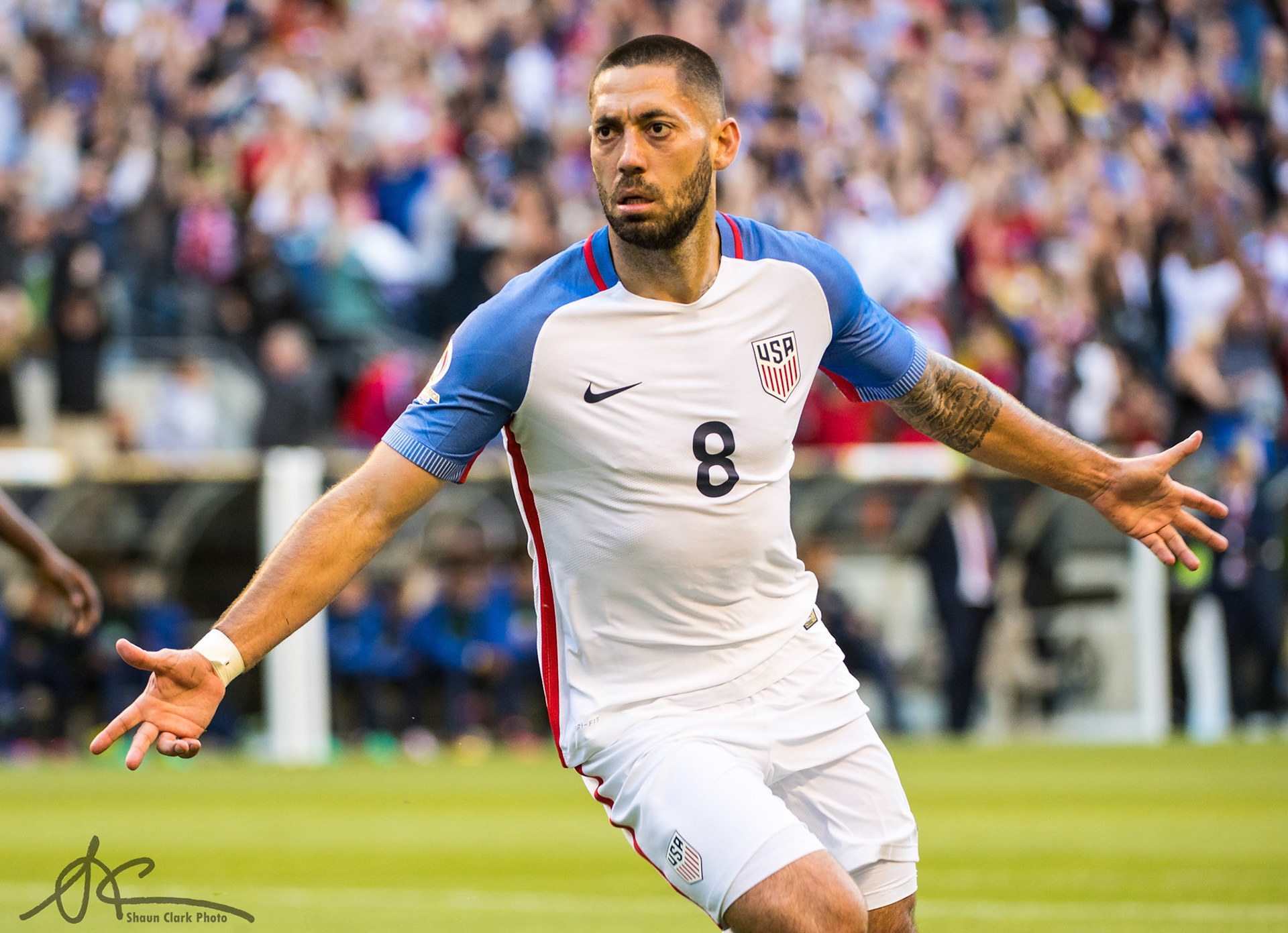 SEATTLE, WA - JUNE 16: Clint Dempsey #8 of United States celebrates his goal during the Copa America Centenario Quarterfinal match between United States and Ecuador at CenturyLink Field on June 16, 2016 in Seattle, Washington.  The United States won the match 2-0. (Photo by Shaun Clark/Getty Images) *** Local Caption *** Clint Dempsey