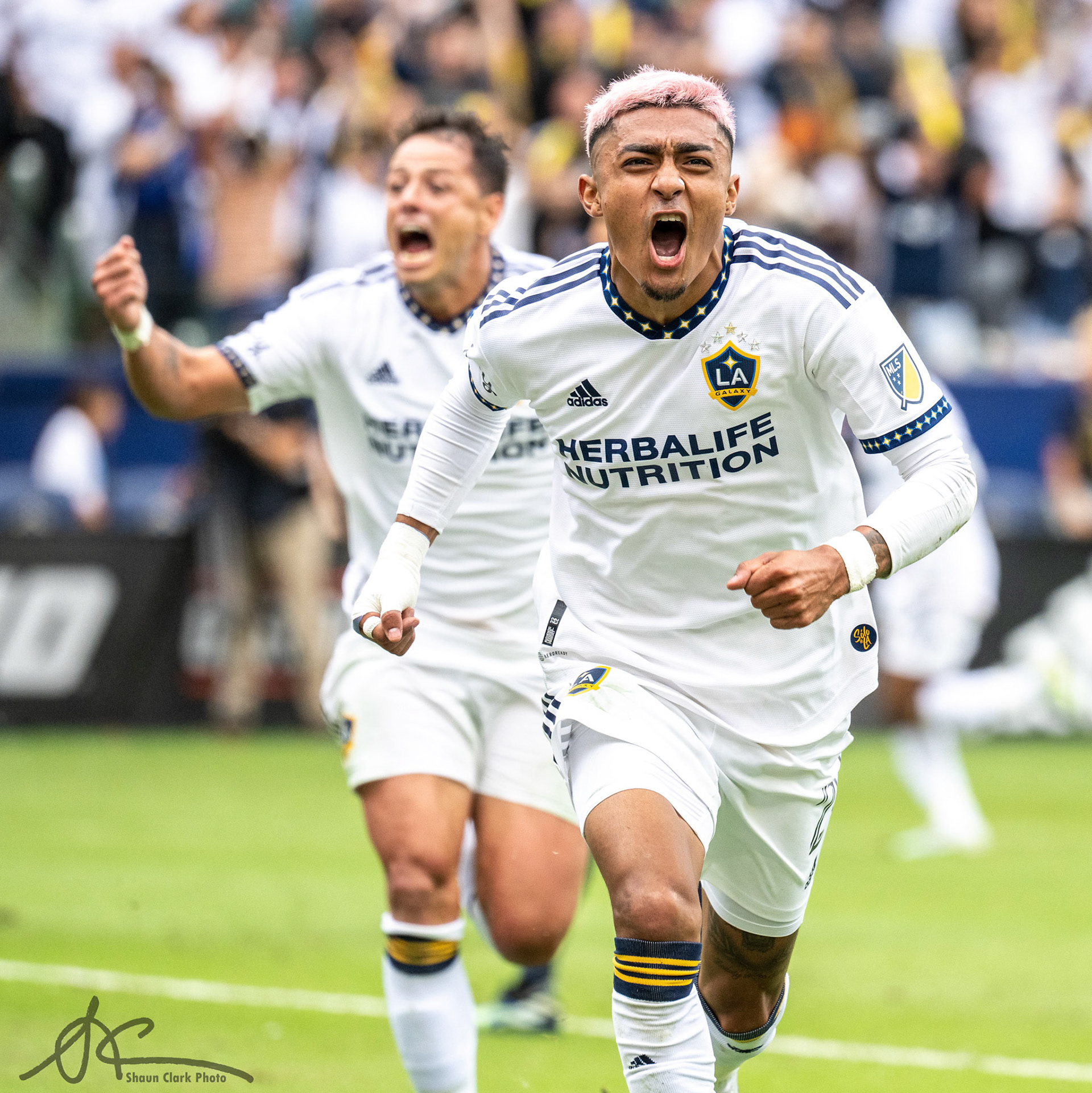 CARSON, CA - OCTOBER 15:  Julian Araujo #2 of Los Angeles Galaxy celebrates his game winning goal during the MLS Cup Round of 16 match against Nashville SC at the Dignity Health Sports Park on October 15, 2022 in Carson, California. Los Angeles Galaxy won the match 1-0 (Photo by Shaun Clark/Getty Images) *** Local Caption *** Julian Araujo