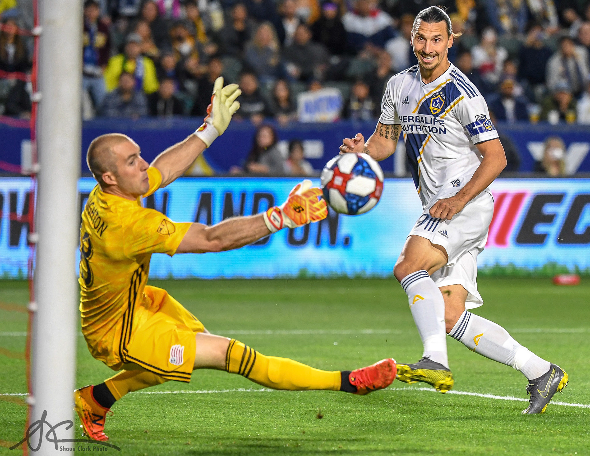 CARSON, CA - JUNE 2:  Zlatan Ibrahimovic #9 of Los Angeles Galaxy takes a shot on goal and Brad Knighton #18 of New England Revolution makes a big save during the Los Angeles Galaxy's MLS match against New England Revolution at the Dignity Health Sports Park on June 2, 2019 in Carson, California.  New England Revolution won the match 2-1 (Photo by Shaun Clark/Getty Images) *** Local Caption *** Zlatan Ibrahimovic;Brad Knighton