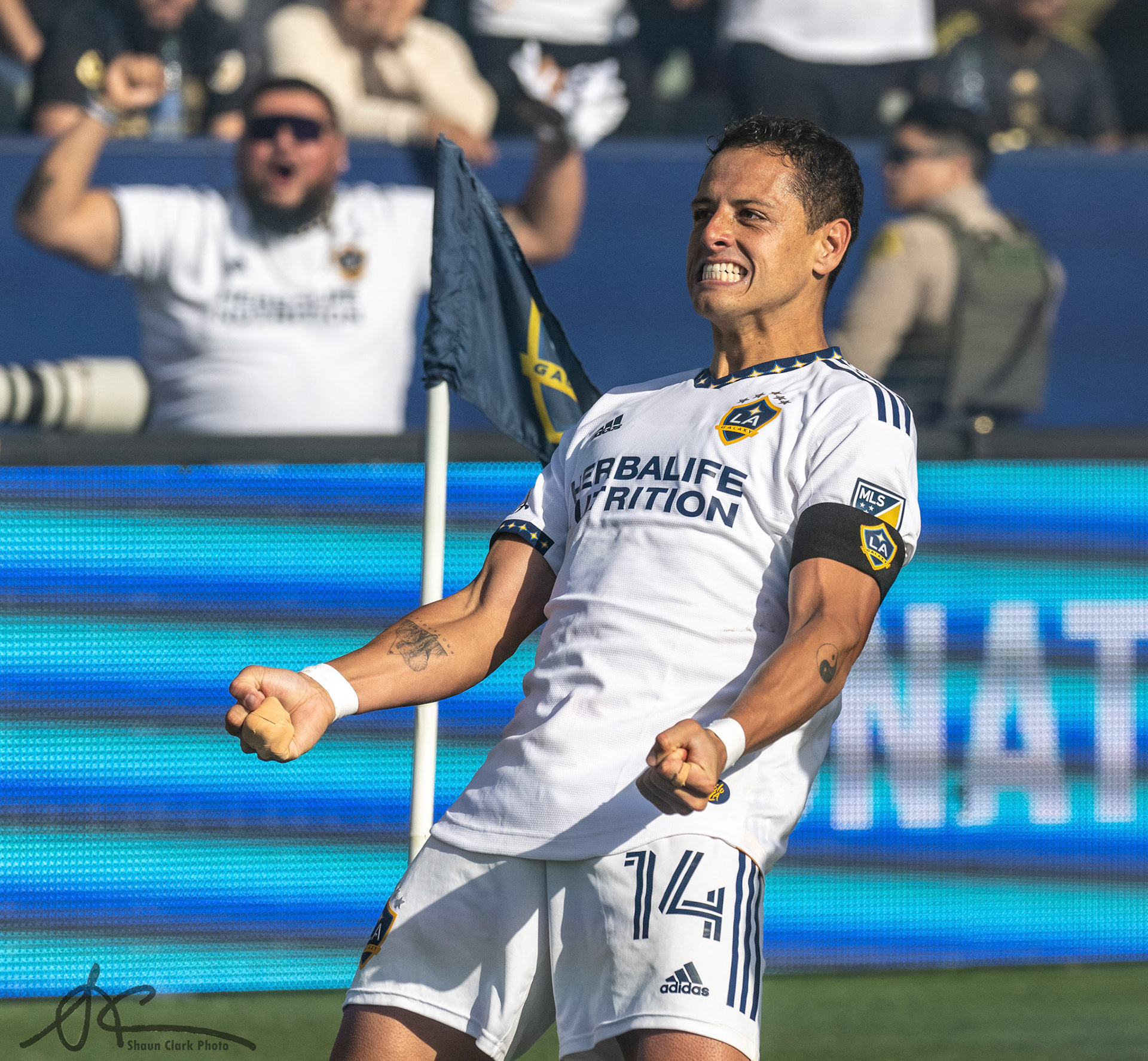 CARSON, CA - APRIL 9: Javier Hernández #14 of Los Angeles Galaxy celebrates his goal during the match against Los Angeles FC at the Dignity Health Sports Park on April 9, 2022 in Carson, California.  Los Angeles Galaxy won the match 2-1 (Photo by Shaun Clark/Getty Images) *** Local Caption *** Javier Hernández