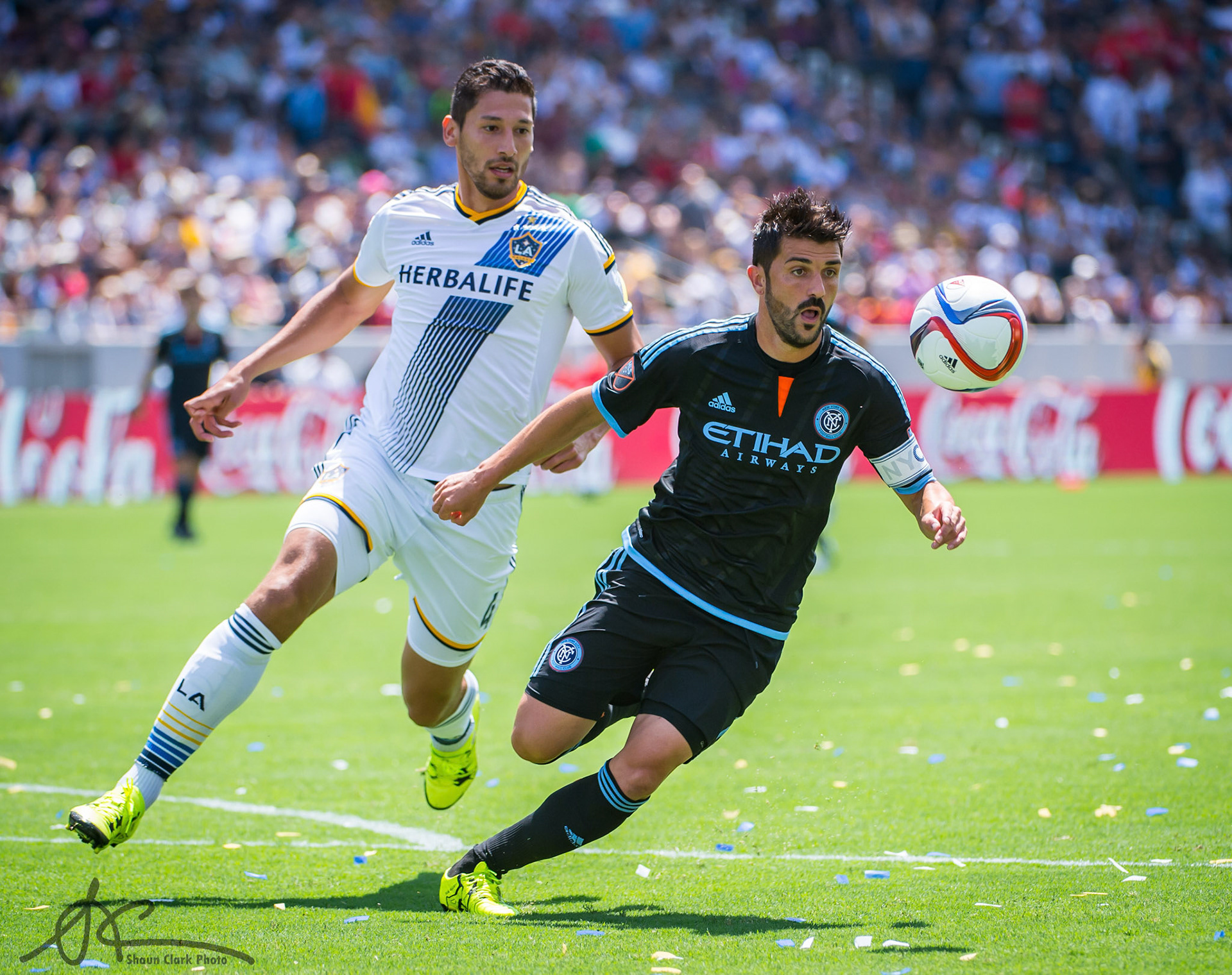 CARSON, CA - August 23: Omar Gonzalez #4 of Los Angeles Galaxy battles David Villa #7 of New York City FC during Los Angeles Galaxy's MLS match against New York City FC at the StubHub Center on August 23, 2015 in Carson, California.  The LA Galaxy won the match 5-1  (Photo by Shaun Clark/Getty Images) *** Local Caption *** Omar Gonzalez;David Villa