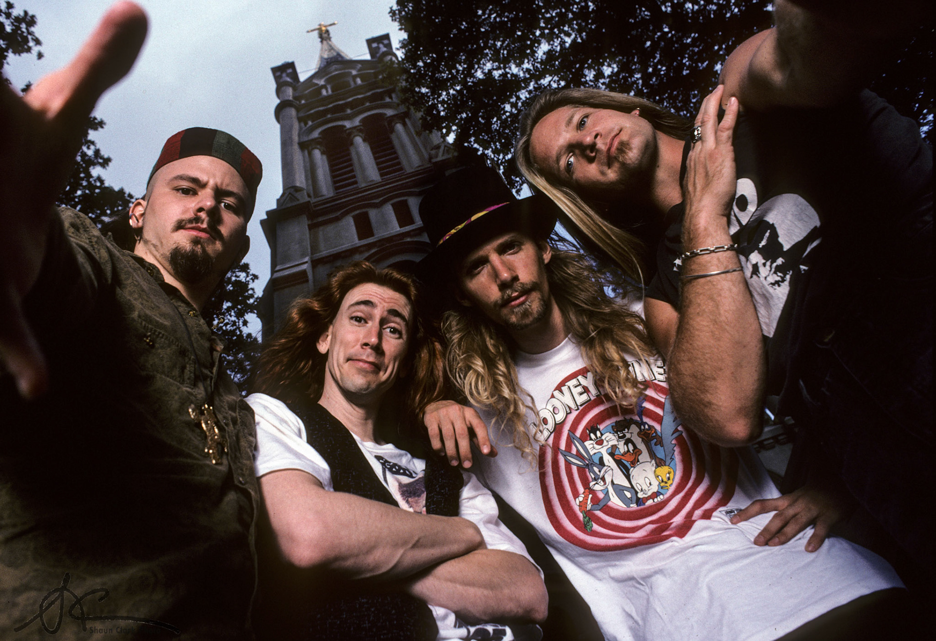 Houston, Texas - May 1991: L. to R., Dane Sonnier, Monty Colvin, Alan Doss and Ben Huggins of Galactic Cowboys (Photo: Shaun Clark).
