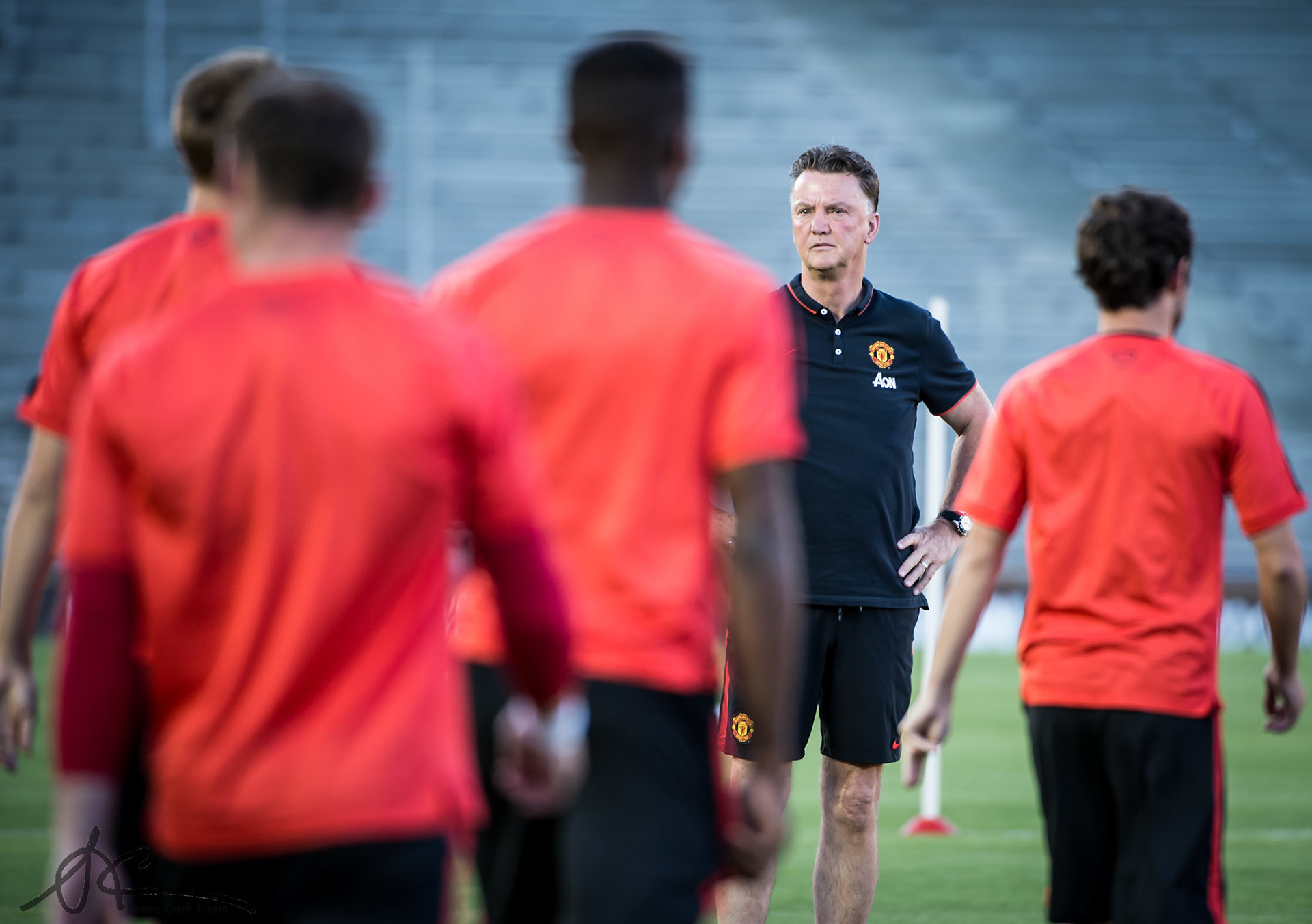 Pasadena, California – July 22, 2014 – Manchester United’s Coach Louis Van Gaal oversees the team's practice in preparation for the match between the Los Angeles Galaxy and Manchester United at the Rose Bowl in Pasadena, California(Photo: Shaun Clark).