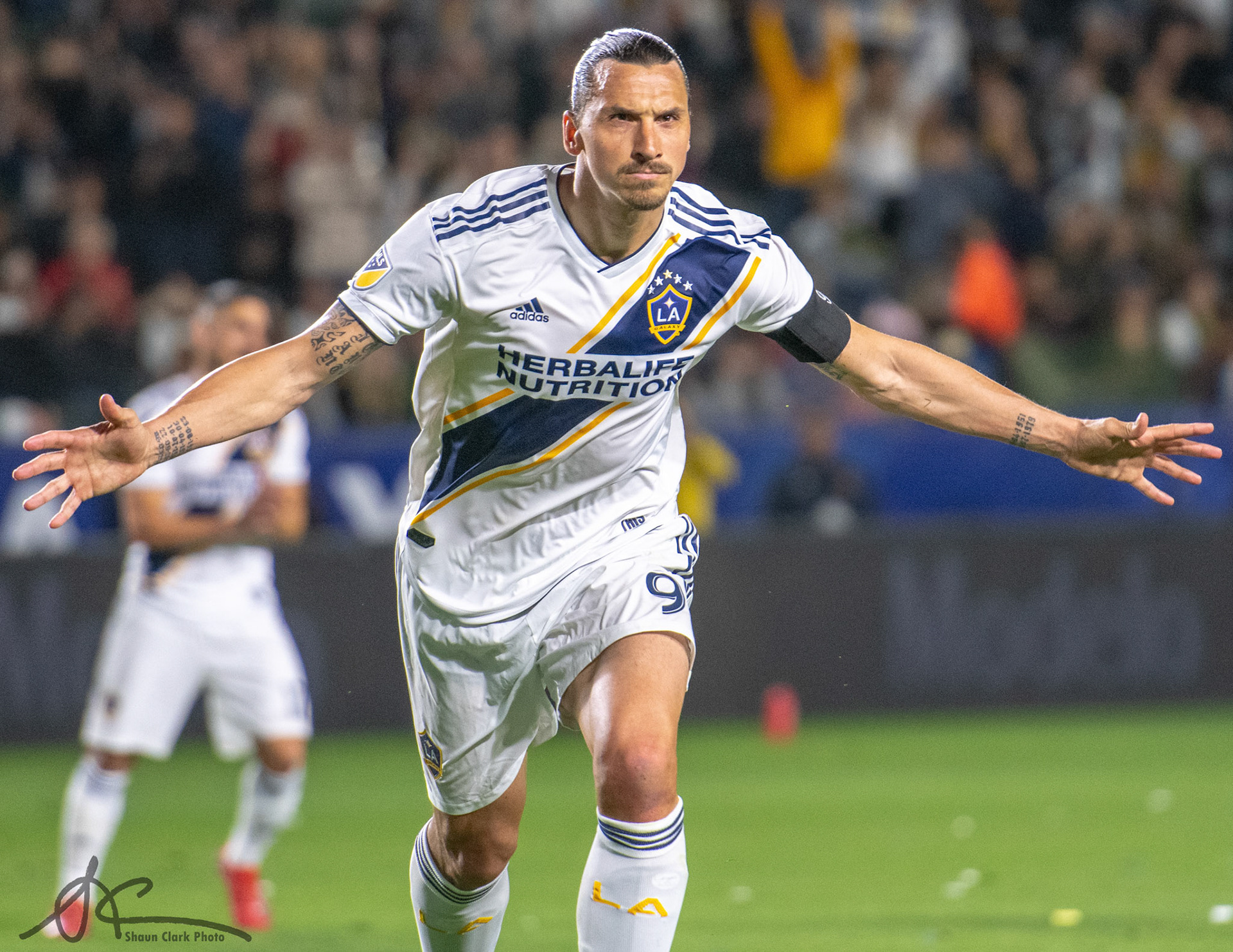 CARSON, CA - APRIL 13:  Zlatan Ibrahimovic #9 of Los Angeles Galaxy celebrates his goal during the Los Angeles Galaxy's MLS match against Philadelphia Union at the Dignity Health Sports Park on April 13, 2019 in Carson, California.  Los Angeles Galaxy won the match 2-0 (Photo by Shaun Clark/Getty Images) *** Local Caption ***   Zlatan Ibrahimovic