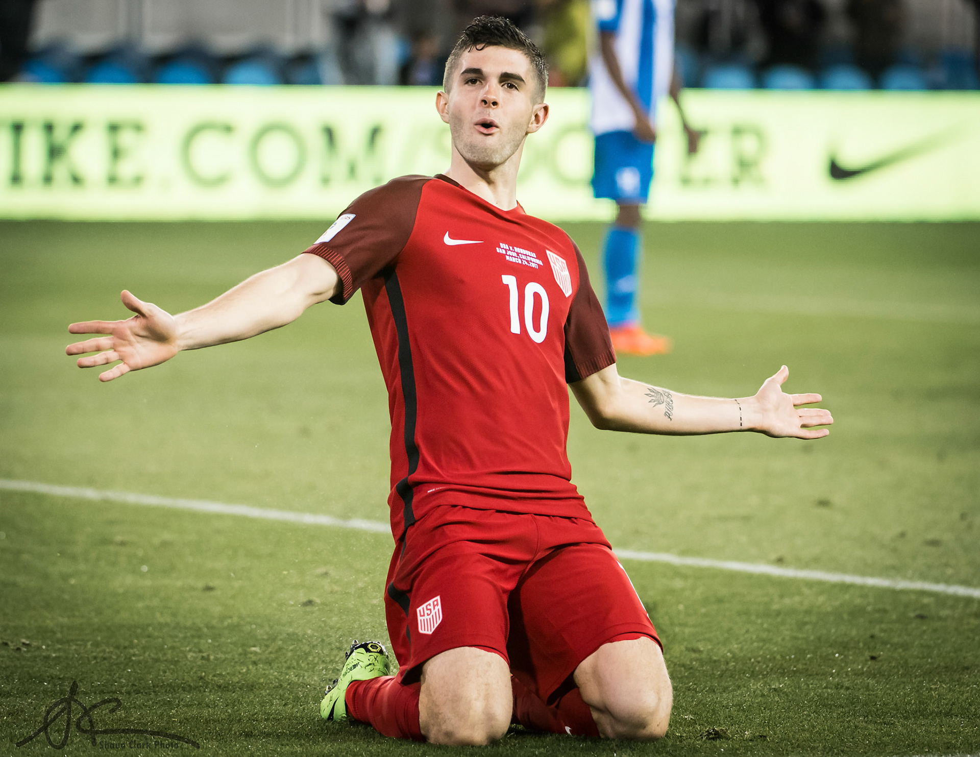 SAN JOSE, CA - MARCH 24: Christian Pulisic #10 of United States celebrates his goal during the World Cup Qualifier match between the United States and Honduras at Avaya Stadium on March 24, 2017 in San Jose, California.  The United States won the match 6-0 (Photo by Shaun Clark/Getty Images) *** Local Caption ***    Christian Pulisic