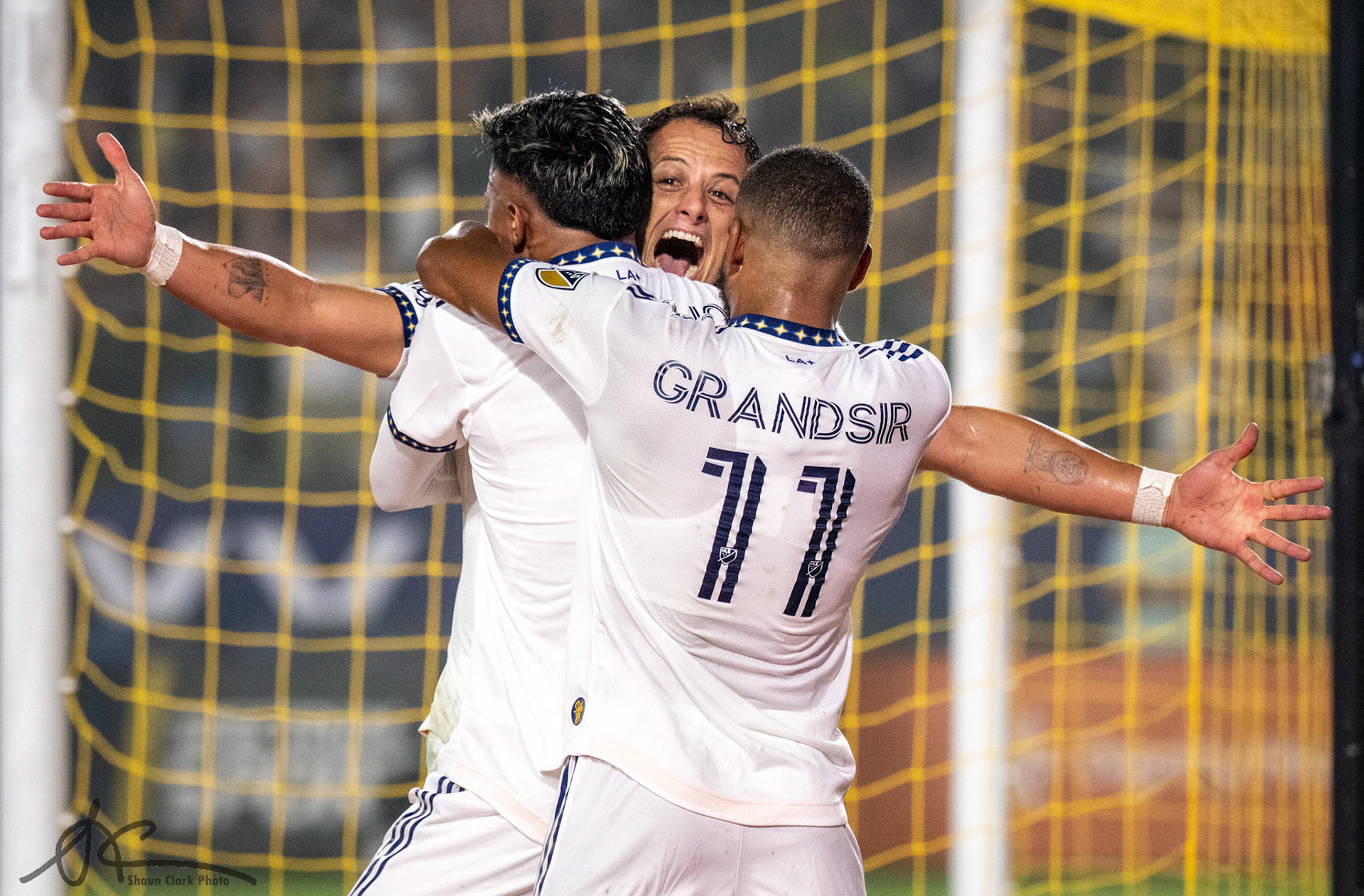 CARSON, CA - SEPTEMBER 17:  Javier Hernández #14 of Los Angeles Galaxy celebrates his first half goal with Julian Araujo #2 and Samuel Grandsir #11 during the match against ColoradoRapids at the Dignity Health Sports Park on September 17, 2022 in Carson, California.  Los Angeles Galaxy won the match 4-1 (Photo by Shaun Clark/Getty Images) *** Local Caption *** Javier Hernández;  Julian Araujo \; Samuel Grandsir