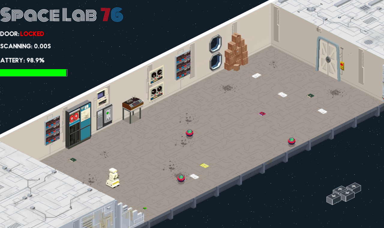 Scene from “Space Lab 76” — a retro sci-fi puzzle game where a robot recovers microdata fragments to unlock security doors. Built with Pygame, all assets and gameplay ideas are original.