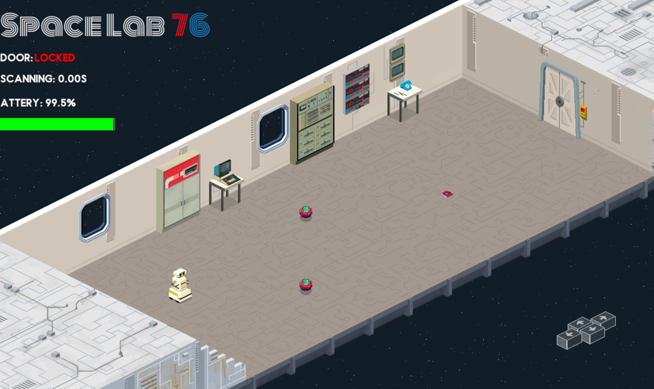 Scene from “Space Lab 76” — a retro sci-fi puzzle game where a robot recovers microdata fragments to unlock security doors. Built with Pygame, all assets and gameplay ideas are original.