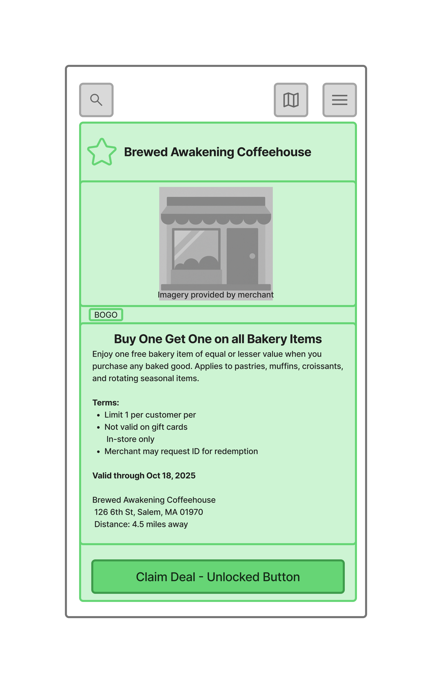 Deal View - Unlocked User is in the geo-fence and can now claim the offer.