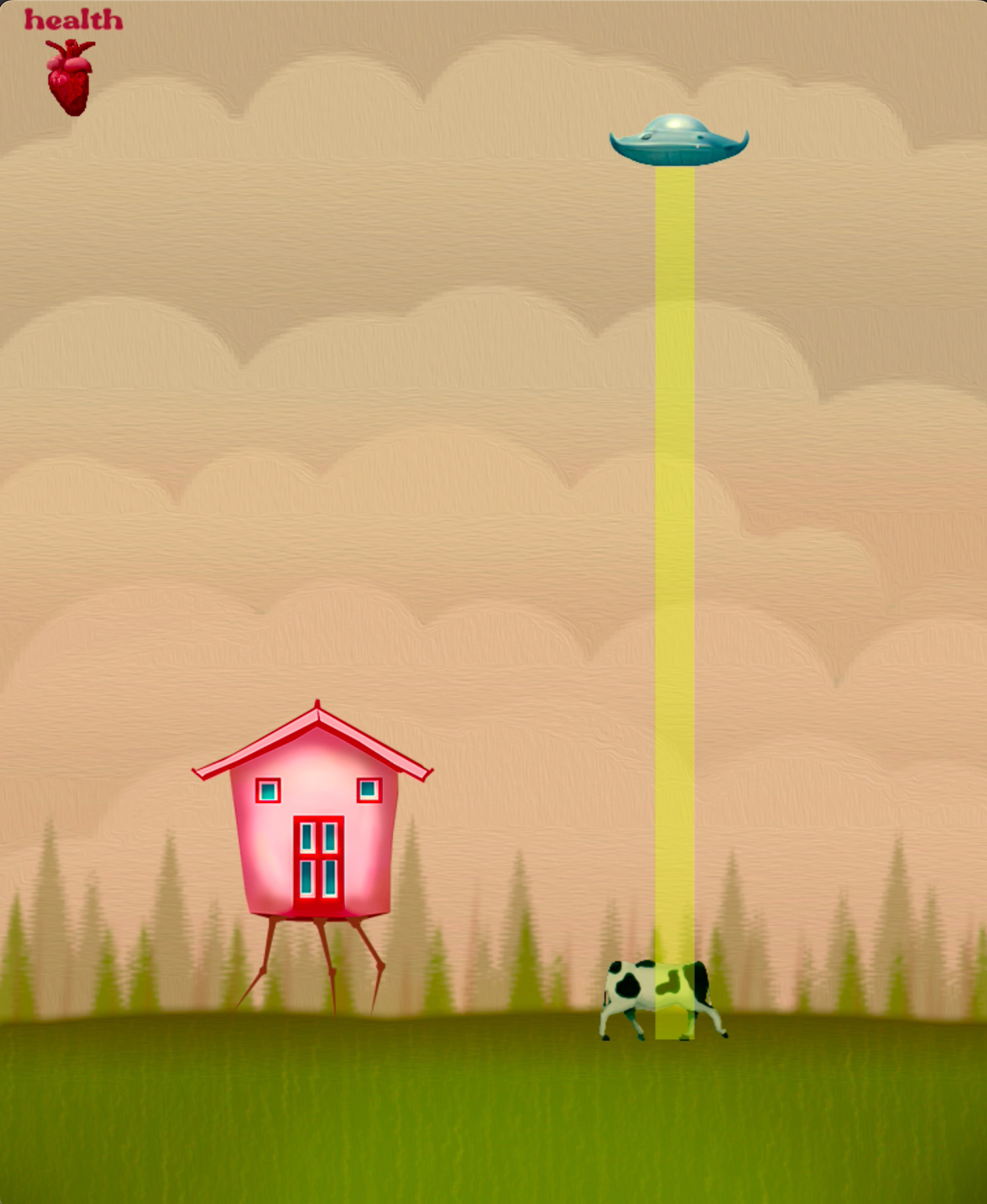 Unity prototype where a pink house defends a cow from a UFO. Lowbrow art style.