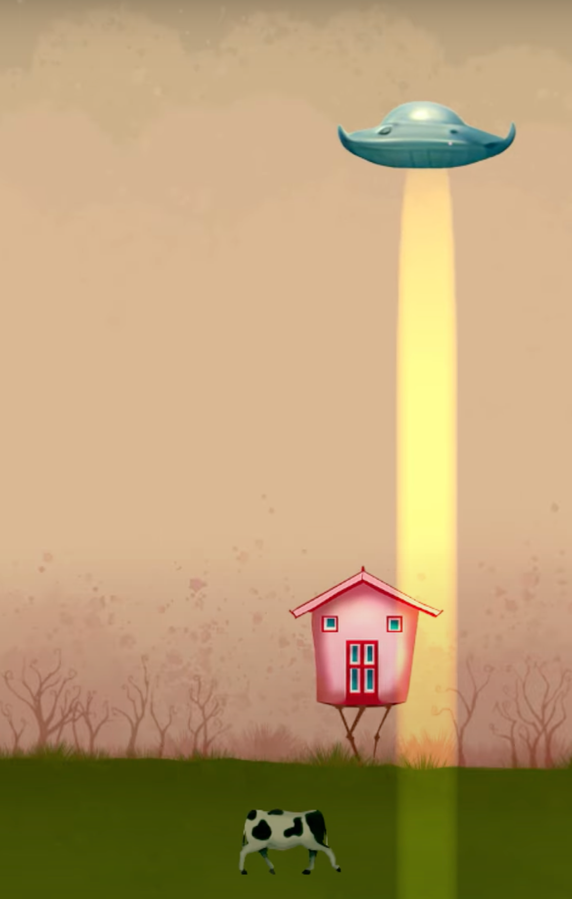 Unity prototype where a pink house defends a cow from a UFO. Lowbrow art style.