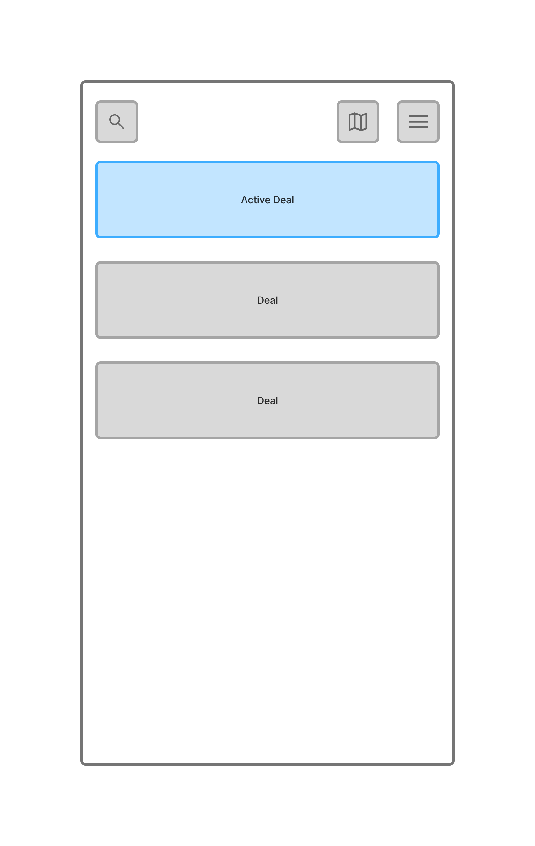 List View (Default) Shows nearby deals sorted by distance and favorites.