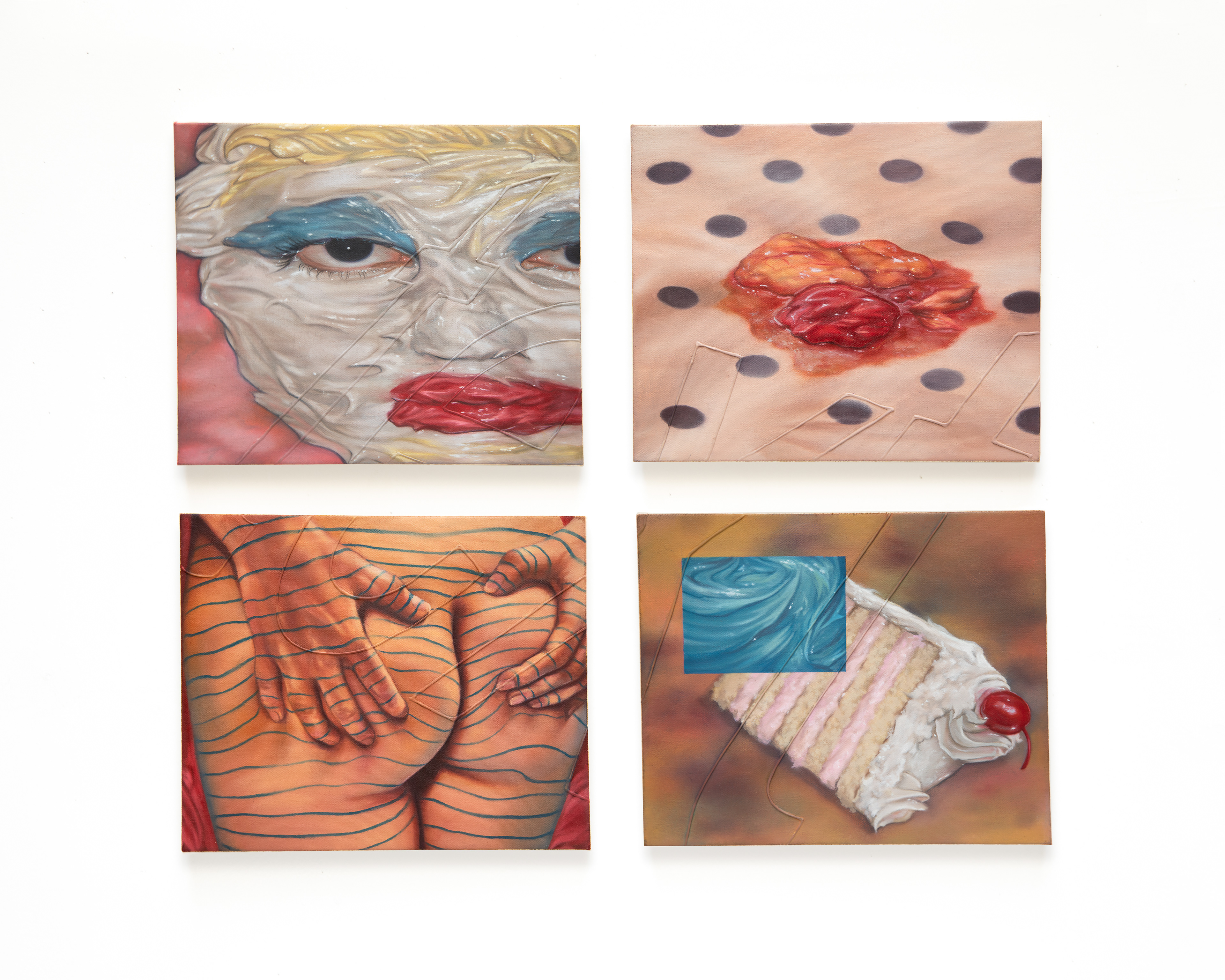 Confections (In order from top left to bottom right: Coagulated, Ode to All the Parts I’ve Severed, Inbetween, My Big Fat Wet American Dream), 2026, Oil on canvas, 26 x 22 in