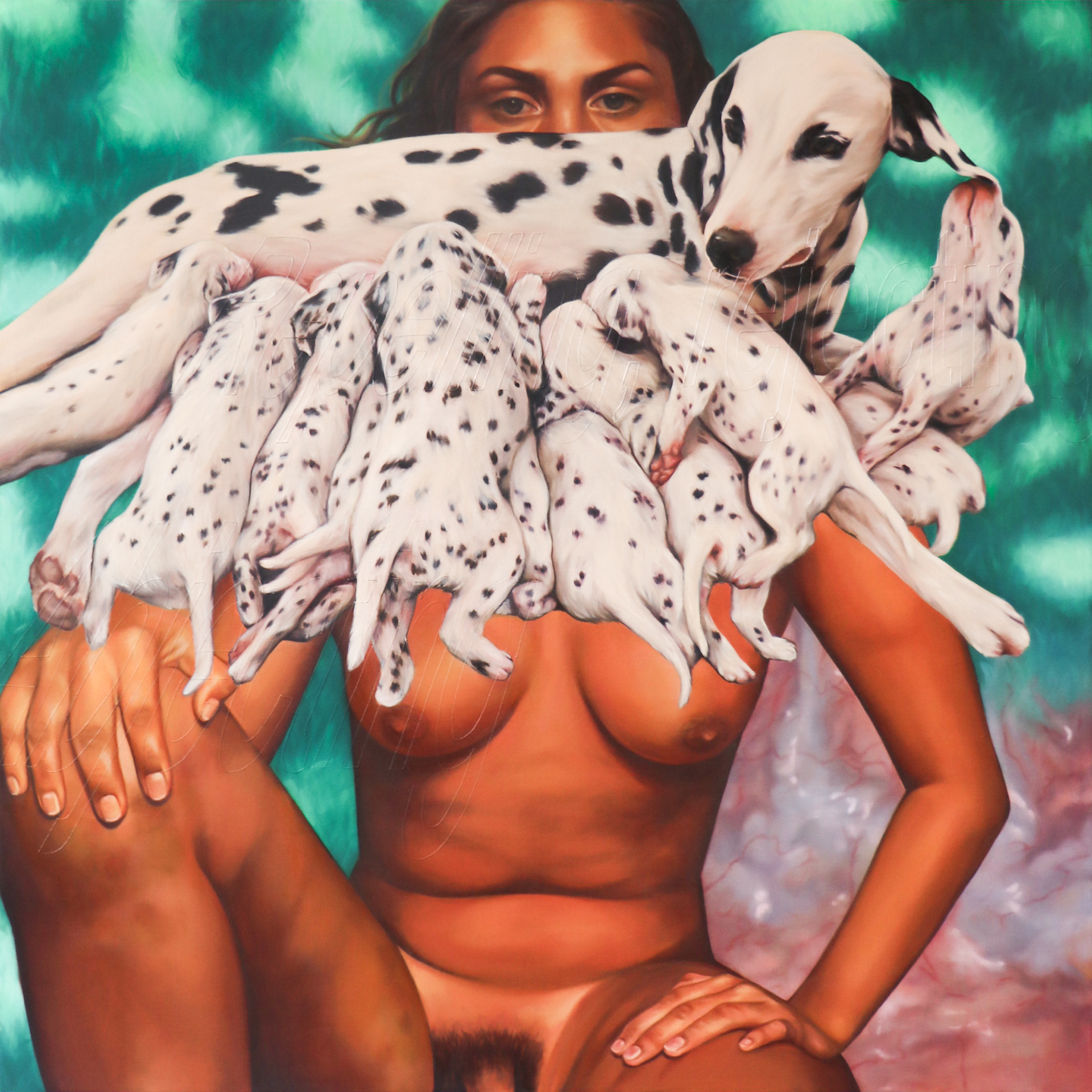 Meow, Woof, 2025, Oil on canvas, 60 x 60 in